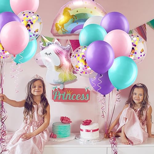 Miniatura 6 de Zhanmai 36 globos de unicornio para decoración de fiesta de cumpleaños, globos de aluminio arcoíris, globos grandes de látex morado y rosa para