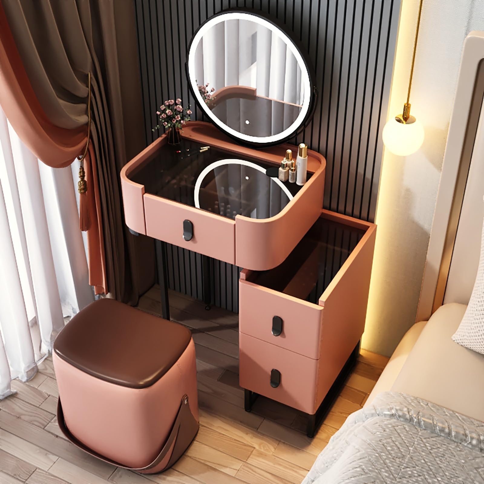 asdchZen White Vanity Makeup Desk With Adjustable Brightness Mirror Wooden Dressing Table For Girls And Women Stylish Bedroom Furniture Perfect For Beauty And Nizing.