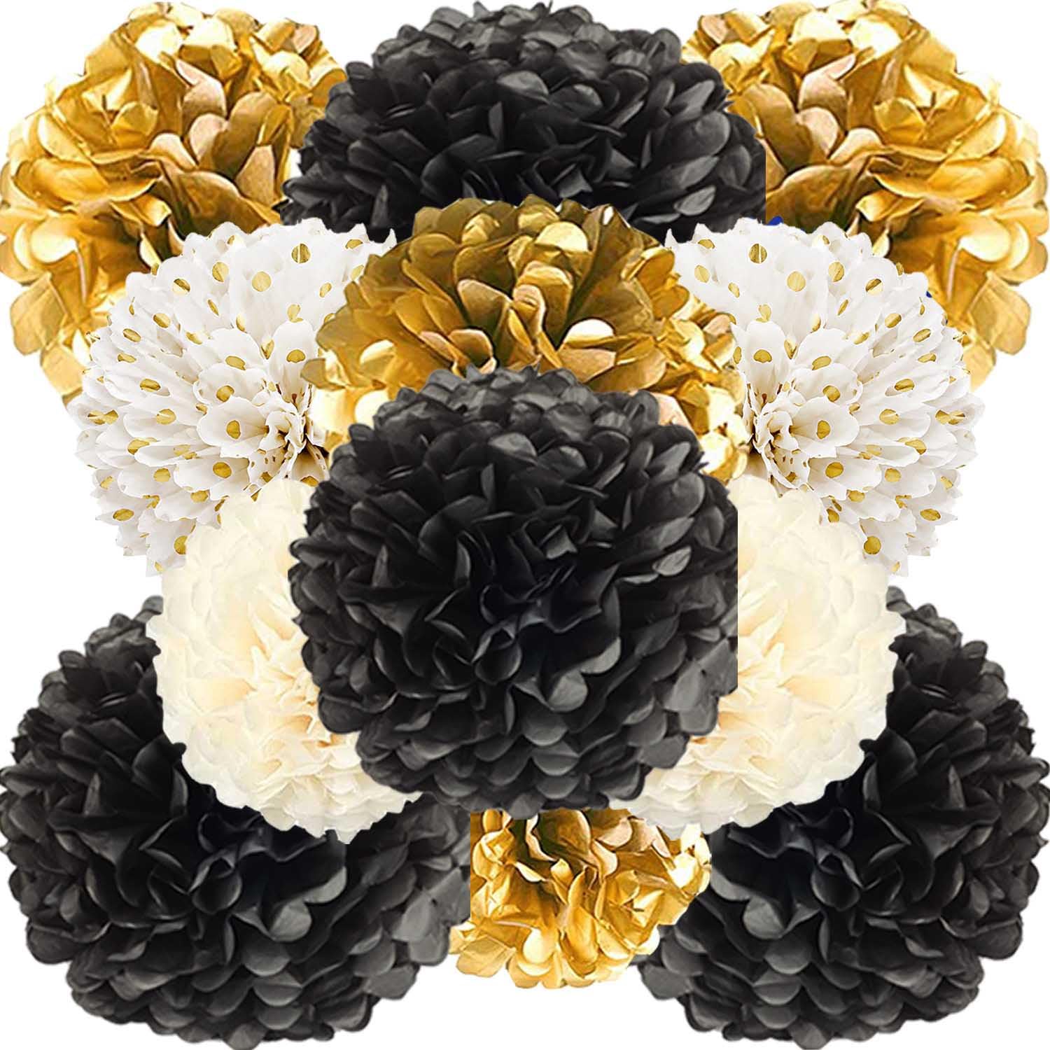 XIKSXITN 12 pc Black Gold Gradient Tissue Paper Pompoms-Hanging Gold Dot White Paper Pom Poms Paper Flowers Ball for Party Decorative(8&10&12 inch)