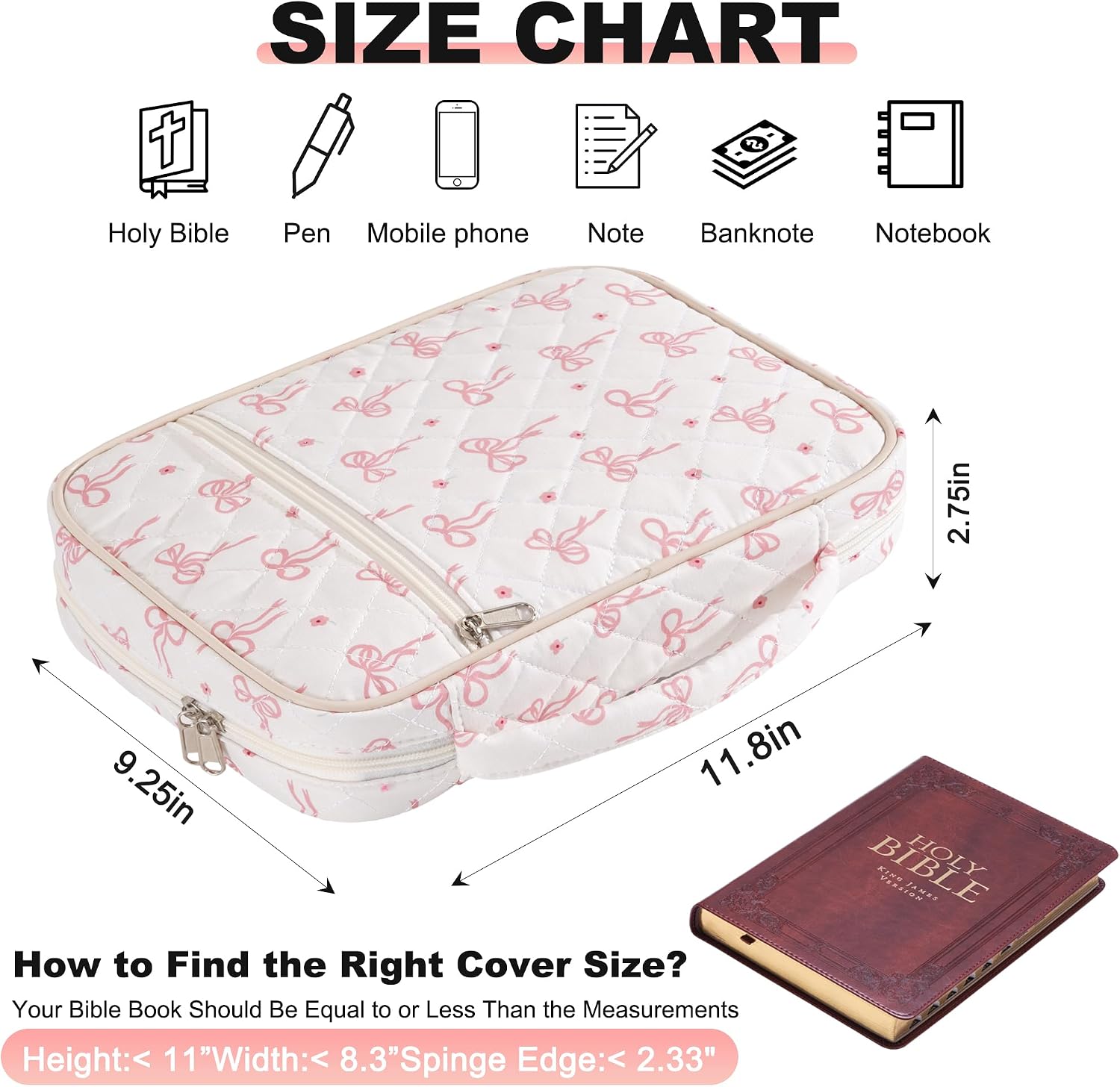 Bible Cover Case for Women Large Ribbons Bow Bible Bag Organizer Quilted Study Supplies Accessories Carrying Cases for Girls Portable Tote Bag Christian Gifts image 4