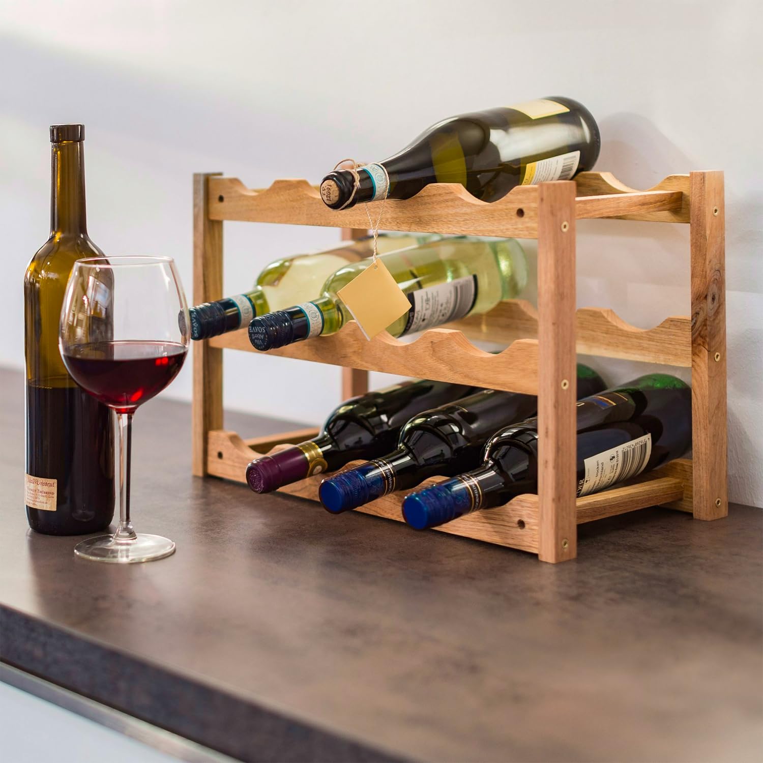 AviliaHome Portabottiglie Vino in Bambù 12 Bottiglie - 3 Ripiani Salvaspazio & Design Ecologico, Compatto 42x21x28cm- Montaggio Facile & Veloce - Perfetto per Cucina, Cantina, Soggiorno