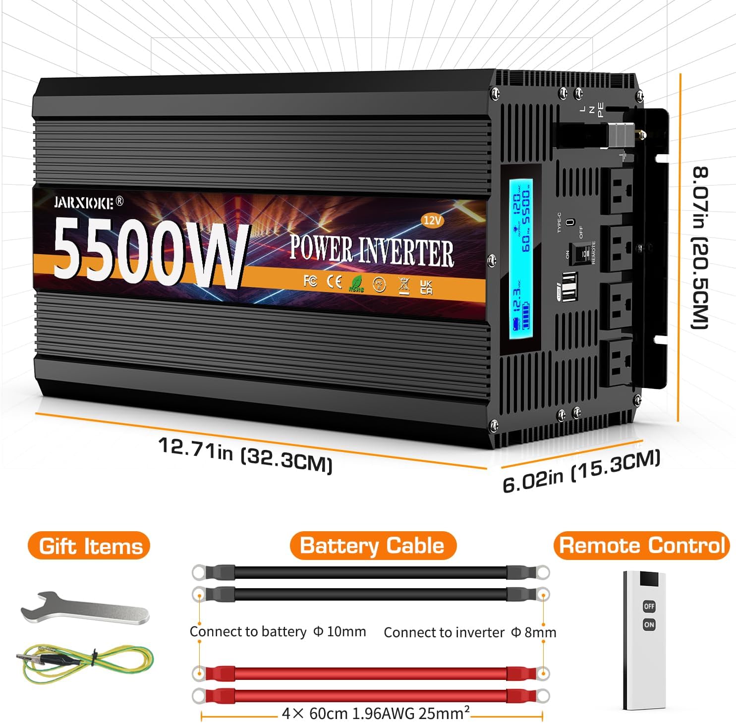 Dimensions of the JARXIOKE 5500W Power Inverter and included accessories: wrench, earth wire, battery cables, and remote control.