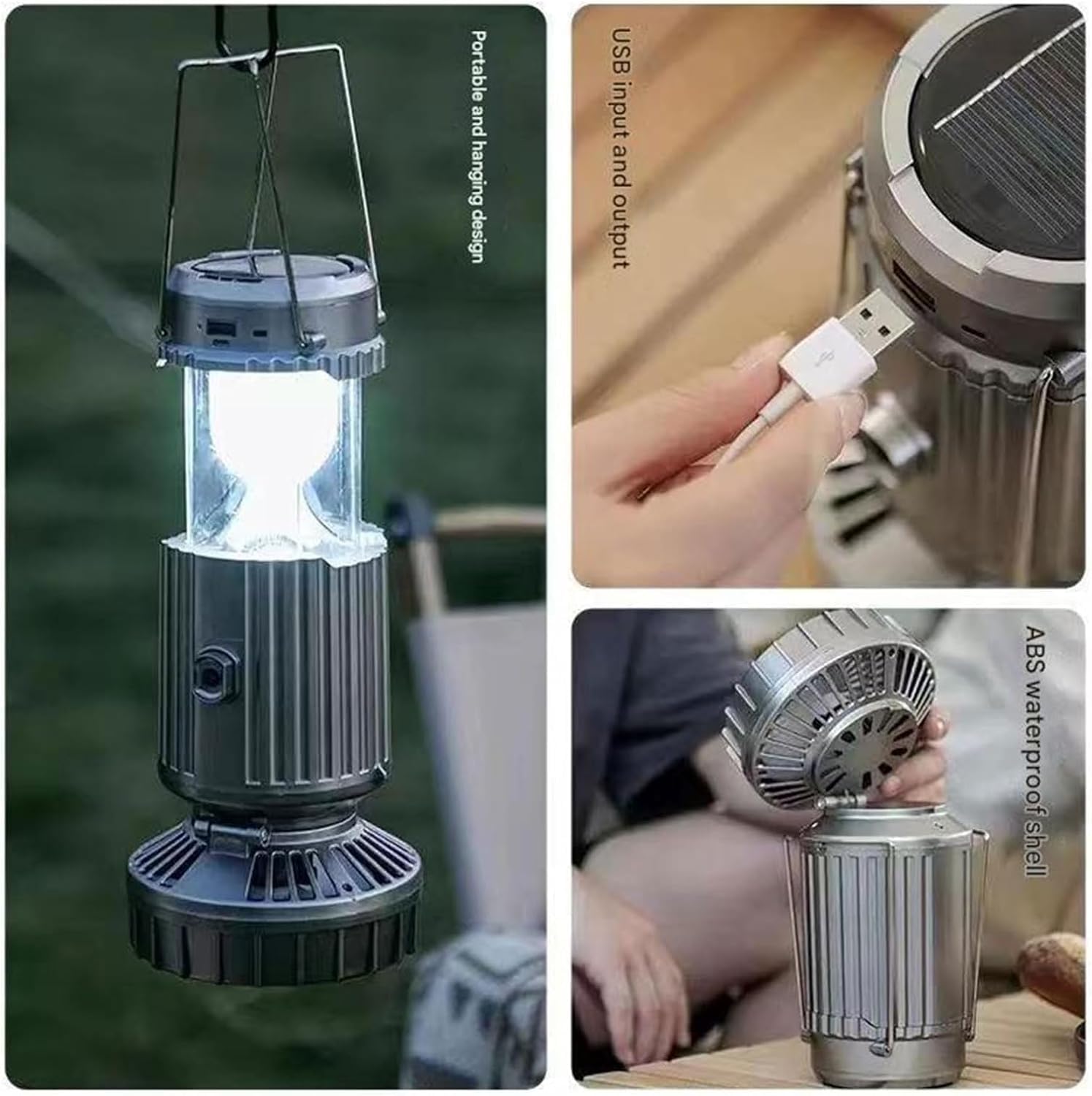 Linterna de camping, linterna LED portátil 5 en 1 con ventilador, plegable, funciona con energía solar, recargable por USB, luces colgantes de emergencia para tienda de campaña, senderismo (2