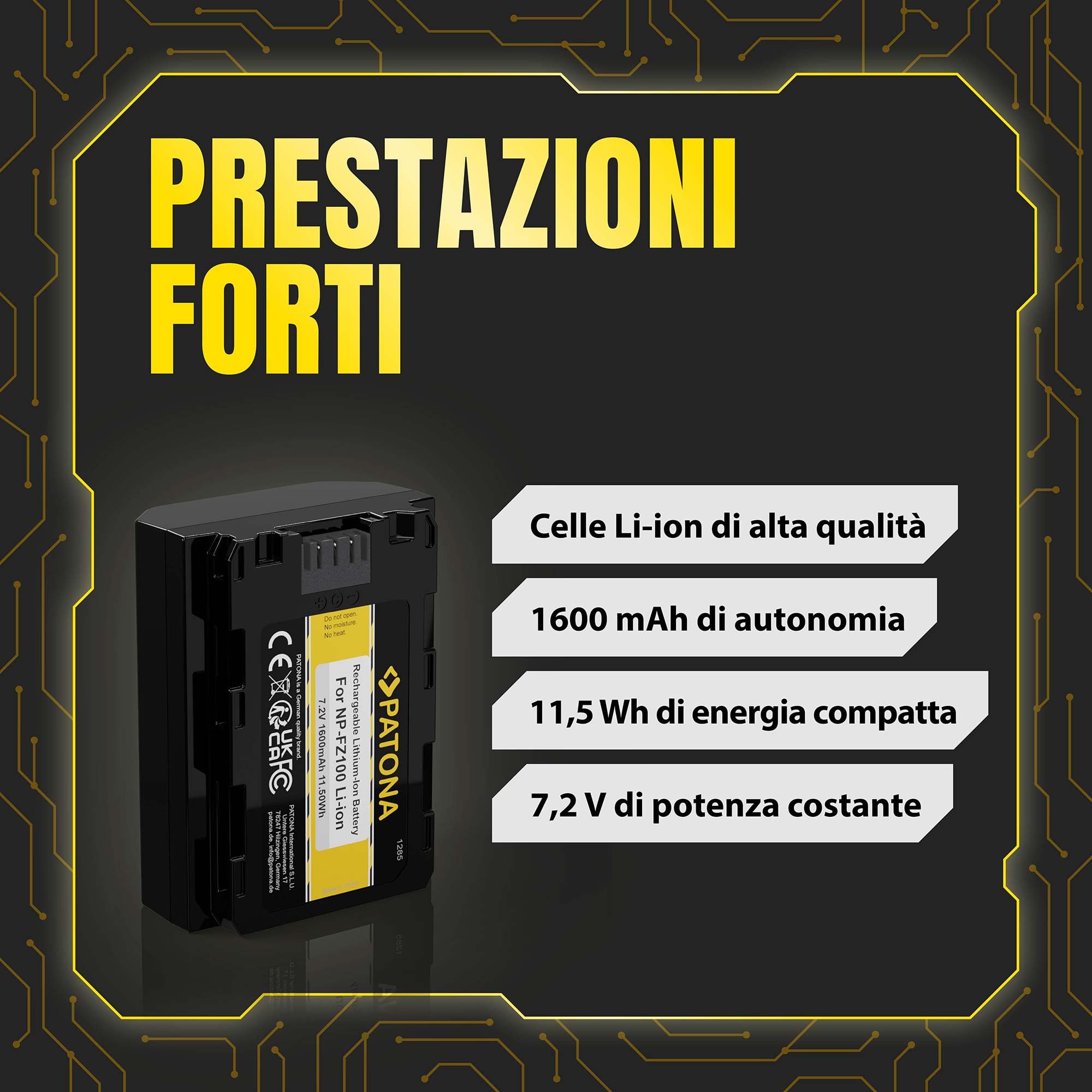 PATONA NP-FZ100 Batteria 1600mAh – Ricambio per Sony NP-FZ100 – per Alpha A6600 A6700 A1 A9 A7 III A7 IV A7R III A7R IV A7R V A7C A7C II FX3 FX30 – riserva affidabile