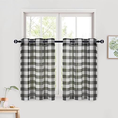 Hiasan Buffalo - Cortina de cocina a cuadros de 36 pulgadas de largo, cortinas traslúcidas de gasa corta con ojales filtrantes de luz para ventana, disponible en Yaxa Peru