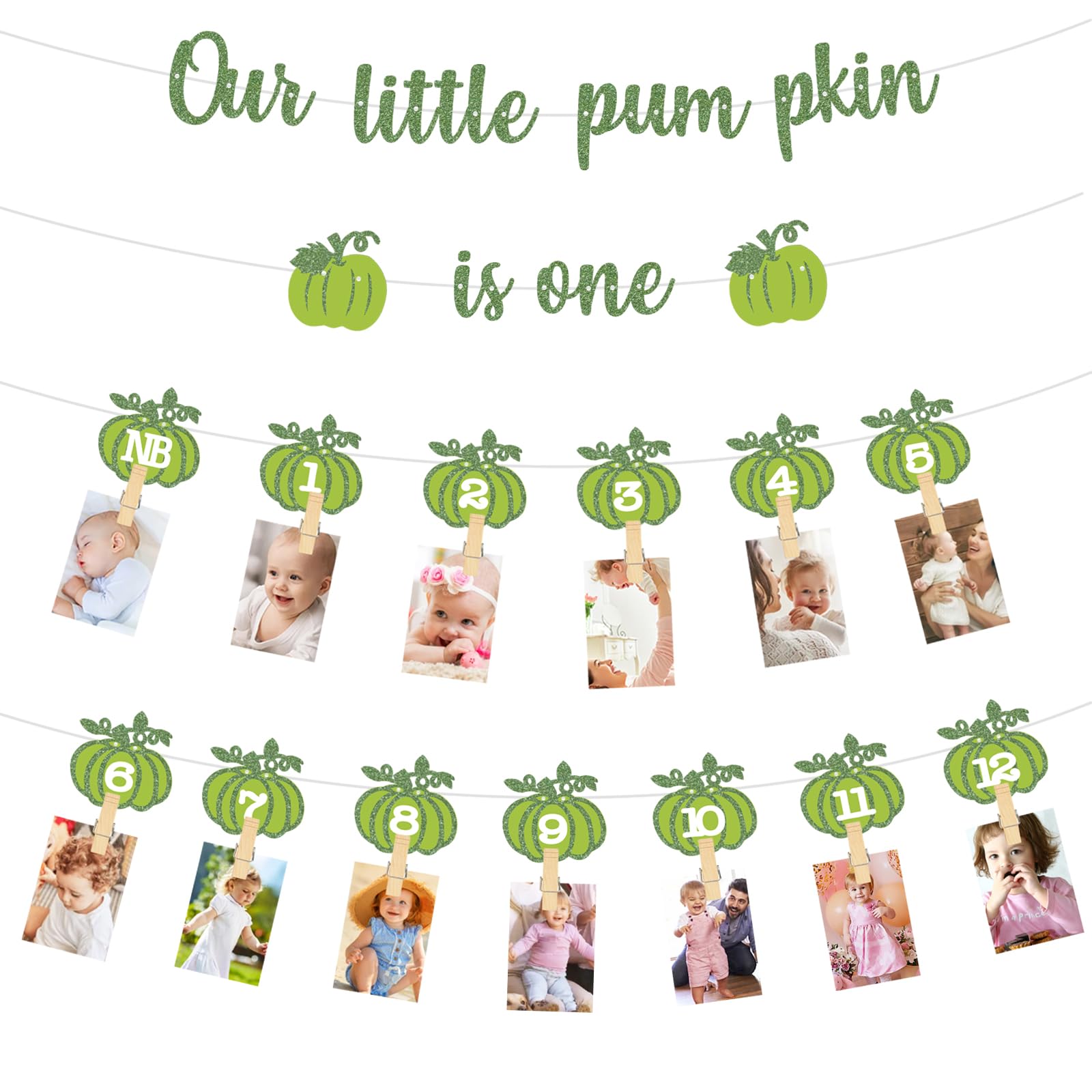 Our Little Pumpkin Is One Photo Banner Sage Green Glitter Pumpkin Monthly Photo Garland 12 Months Baby Milestone Picture Banner for Fall Pumpkin 1st Birthday Party Decor