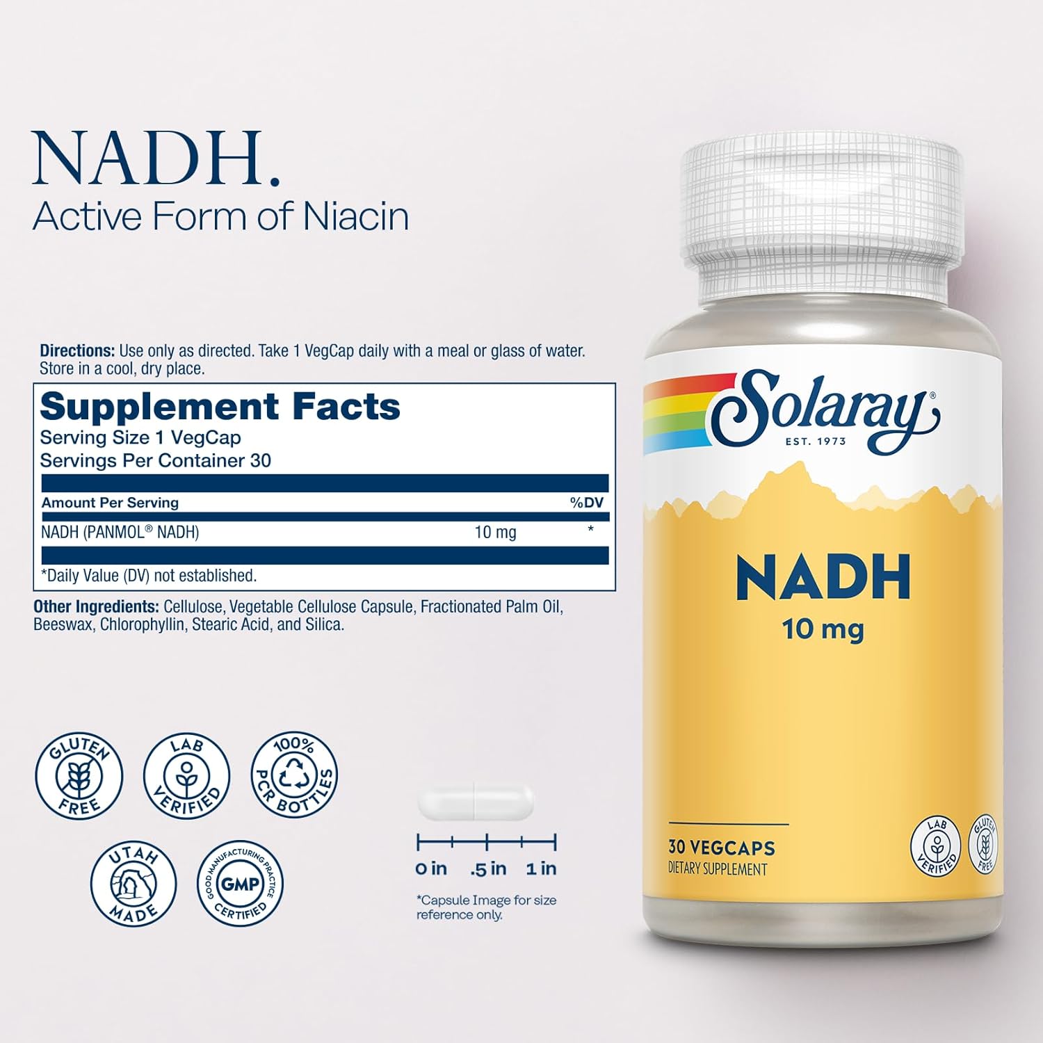 SOLARAY NADH 10 mg - Active Form of Niacin, Reduced NAD Supplement - Cofactor in Cellular Energy Pathways - Lab Verified, Gluten Free, 60-Day Guarantee - 30 Servings, 30 VegCaps - Image 2