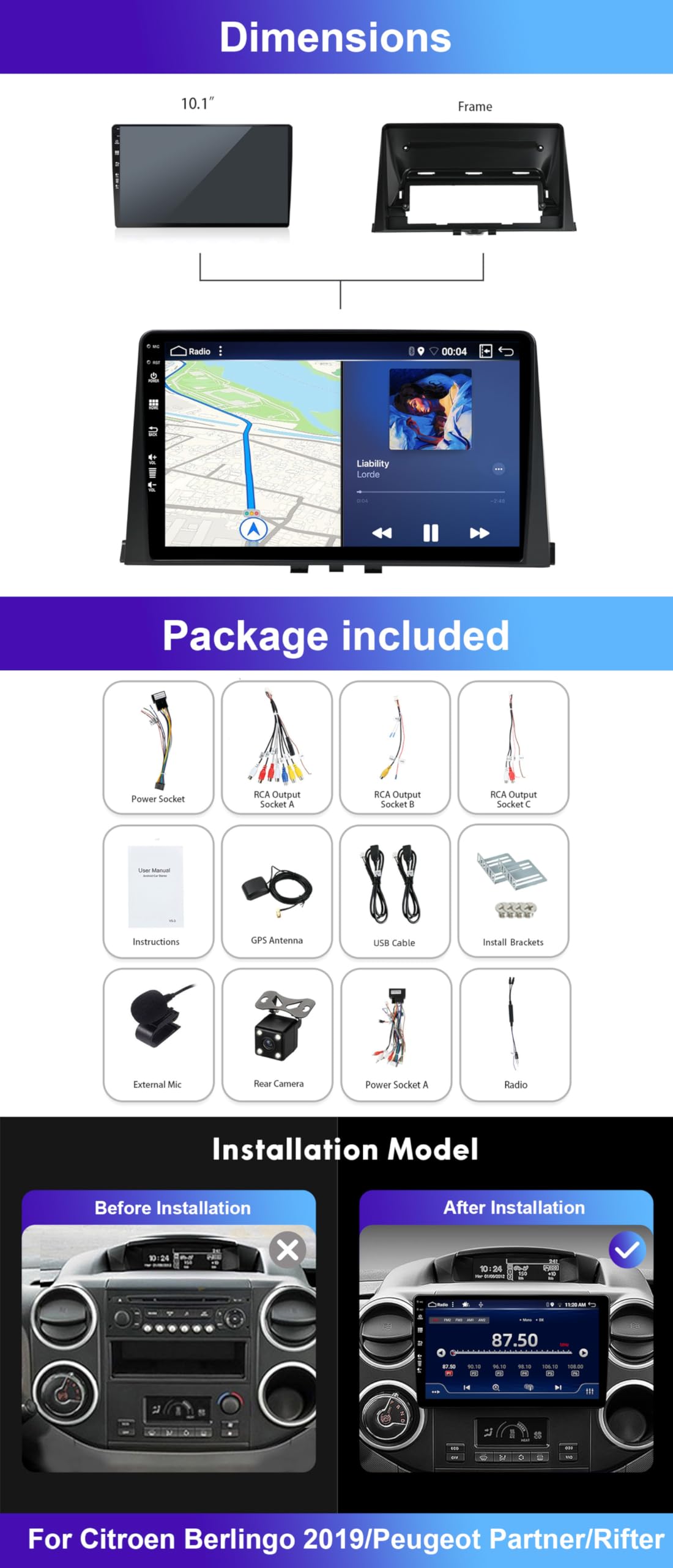 6G+128G Android 15 Autoradio para Citroen Berlingo 2019/Peugeot Partner/Rifter 2020/Opel Combo-Camera+Mic- Integrado Dab+/4G/HDMI/CarPlay/Android Auto/DSP/GPS/FM/RDS/WiFi/BT5.0/SWC Radio