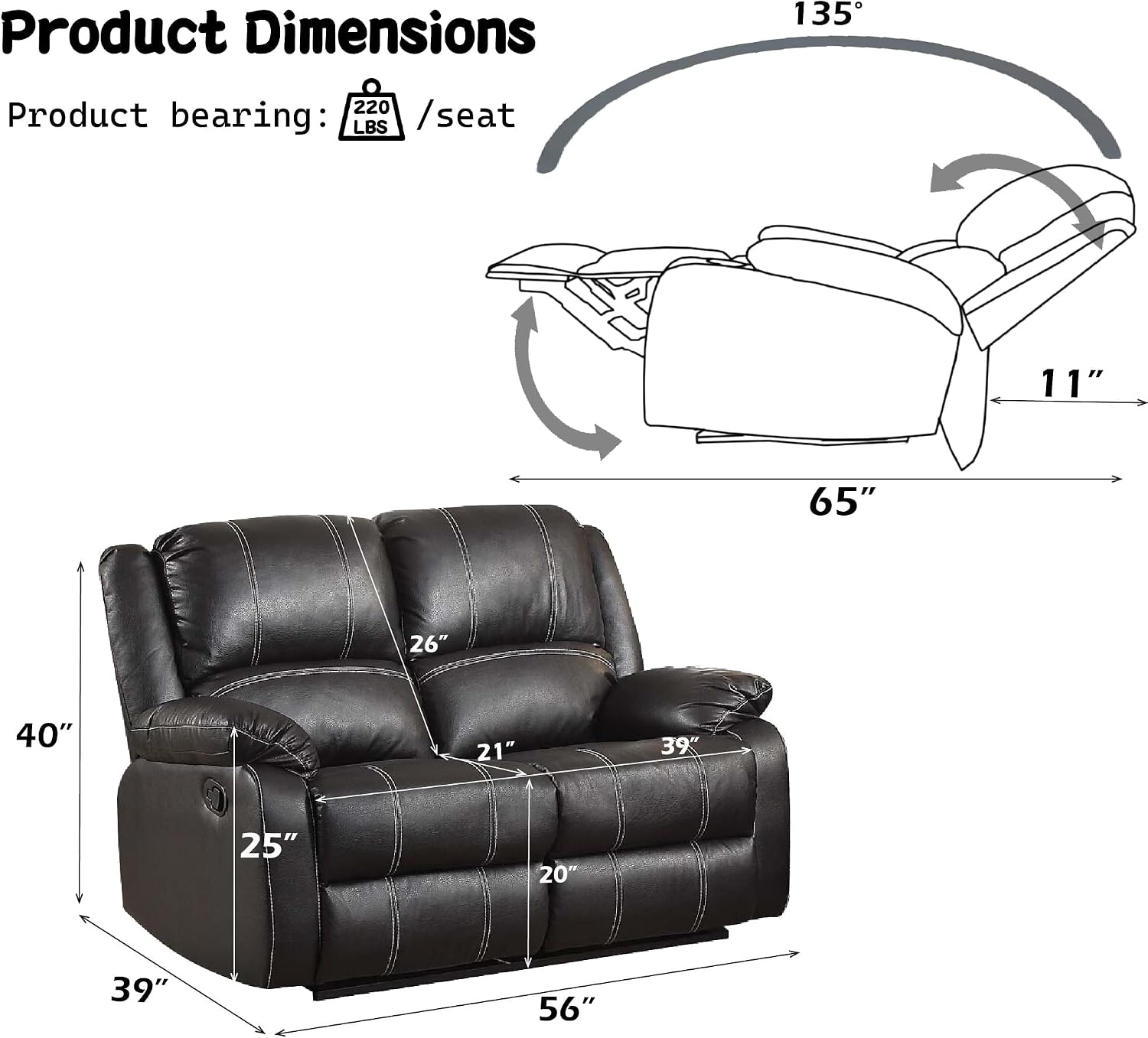 BOWERY HILL Contemporary Motion Reclining Loveseat, Black Synthetic Leather, Tight Back and Seat Cushion, Pocket Coil Seat, Padded Pillow Top Arm, 56 in x 39 in x 40 in, Family Room Seating