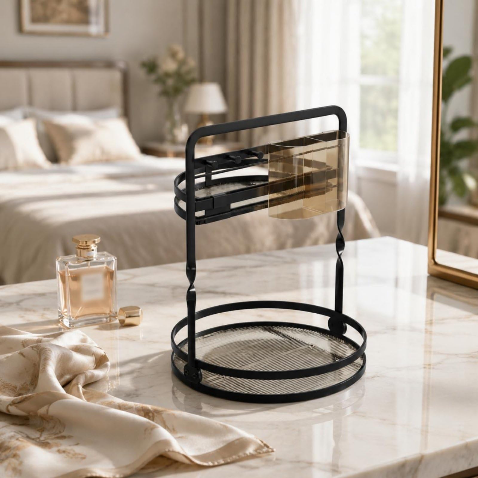 Vanity Organizer Organizzatore Trucco Portatrucchi Portapennelli Portaprofumi Rotante con Base Tonda in Metallo Due Livelli Ordine Rapido con, Nero, Style to 4