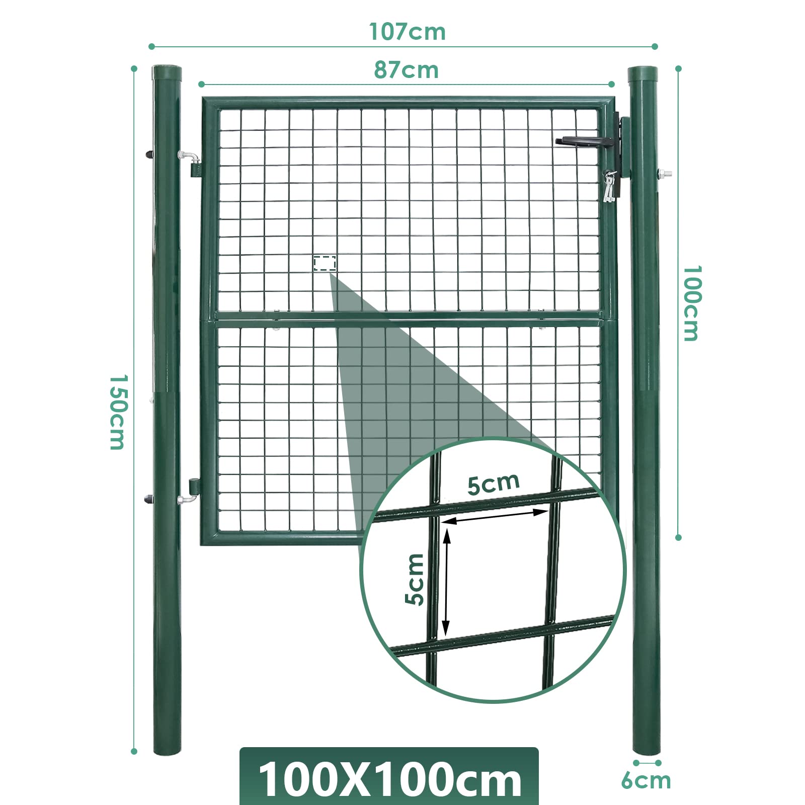 Puerta de jardín, 100 x 100 cm, puerta de jardín de acero galvanizado, incluye asa, cerradura y 3 llaves, robusta y duradera, para mampostería, puerta de entrada, color verde
