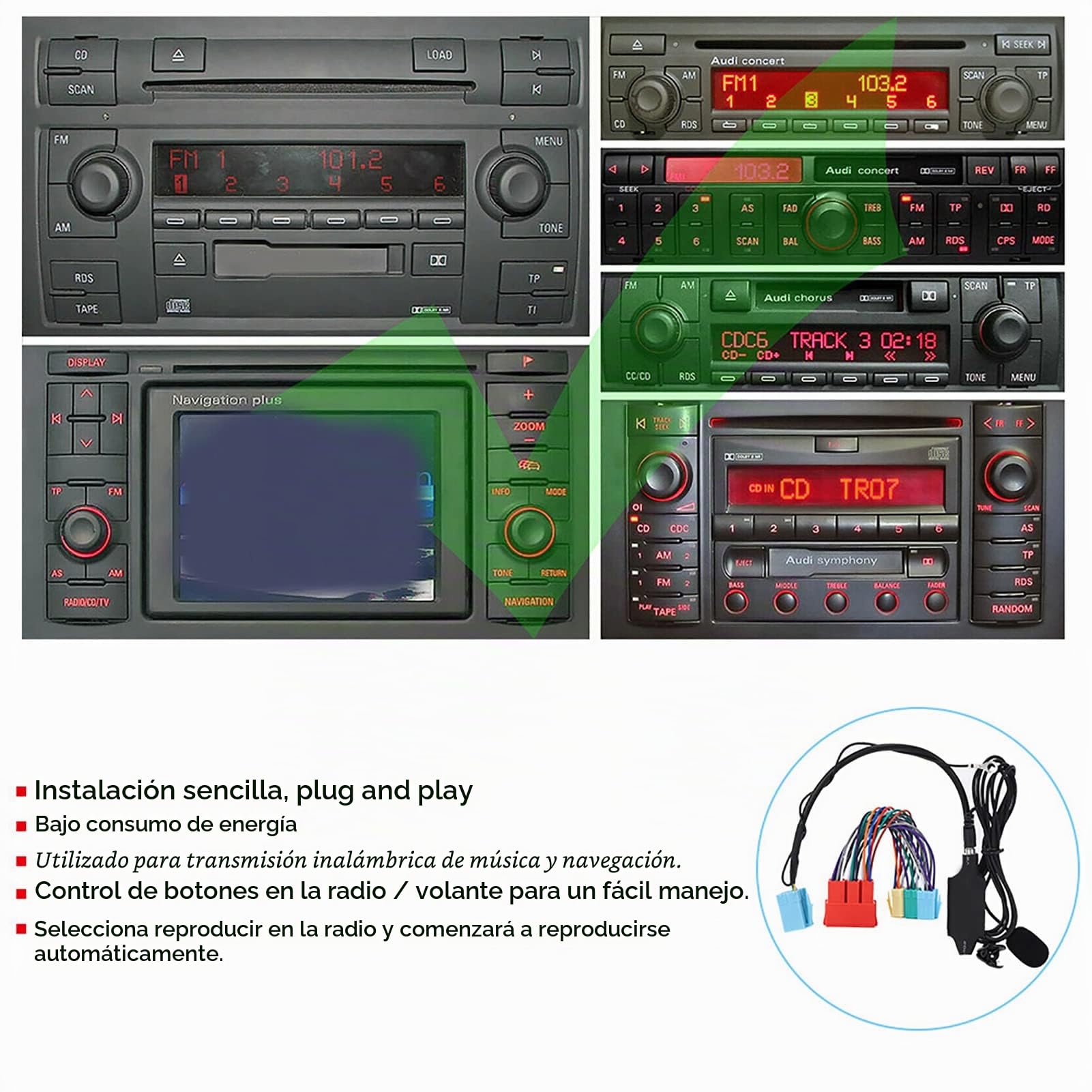 Adaptador de audio AUX, adaptador de audio Bluetooth con altavoz estéreo de coche de repuesto para A2 A3 8L 8P A4 B5 B6 B7 A6