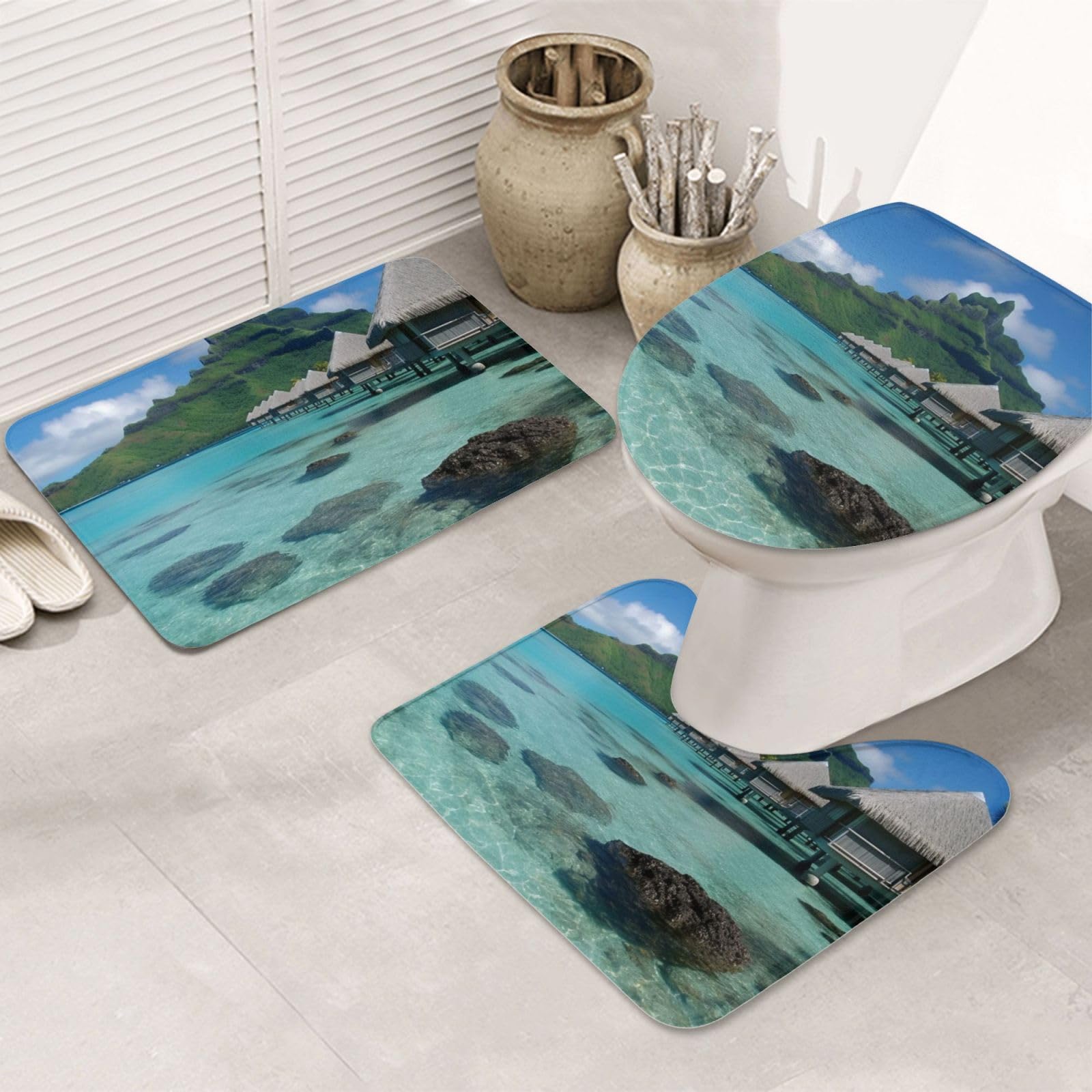 Tapis de bain antidérapants en flanelle haut de gamme par Tahiti Beach ensemble 3 pièces