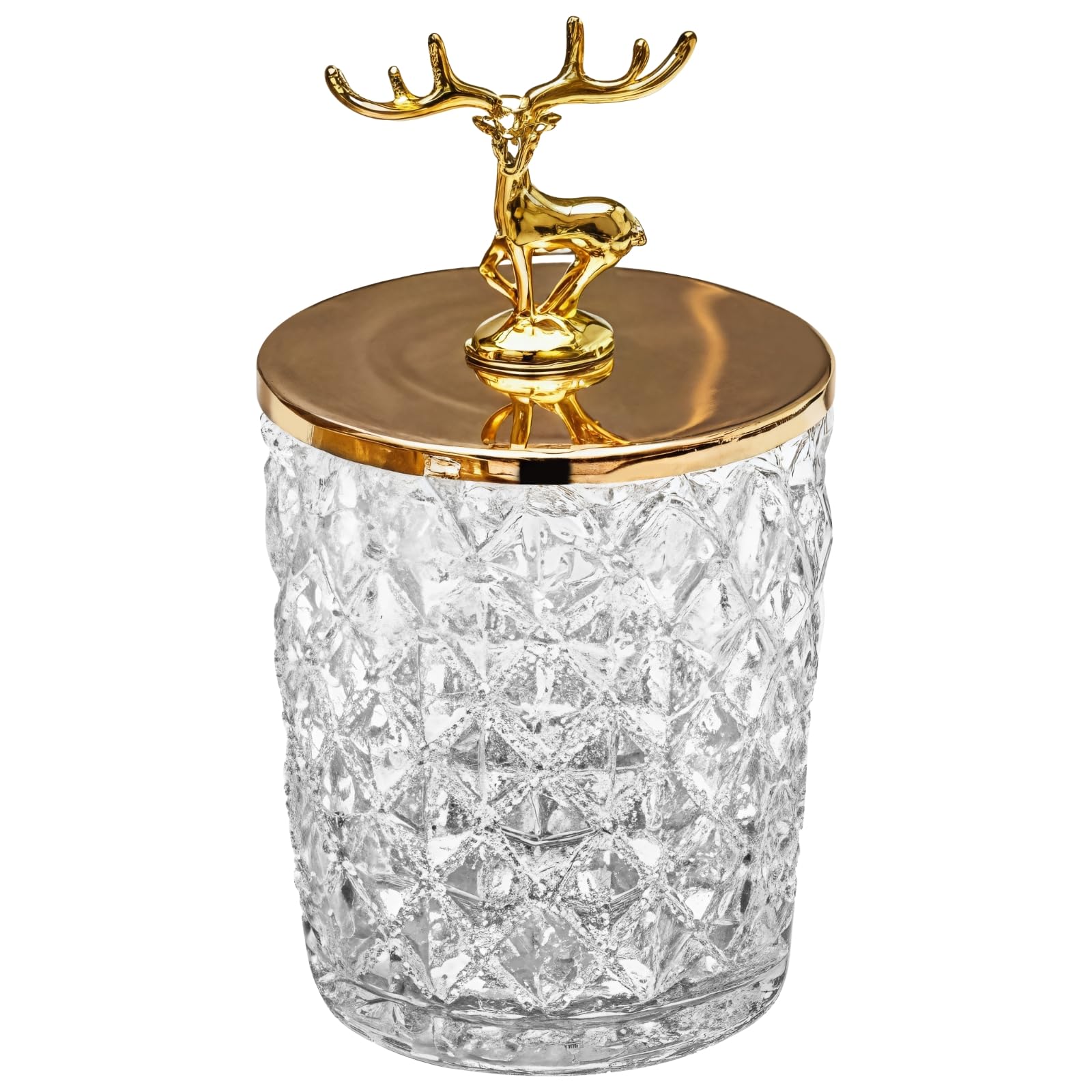 Homaisson Glass Jar with Metal Lid, Bathroom Glass Storage Container with Golden Antler Design, Non-Slip Diamond Pattern, Elegant Decor