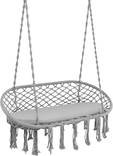 Happygrill Hamaca doble con cojín para 2 personas, máximo 440 libras, estilo platillo, columpio de macramé Beige,Gris