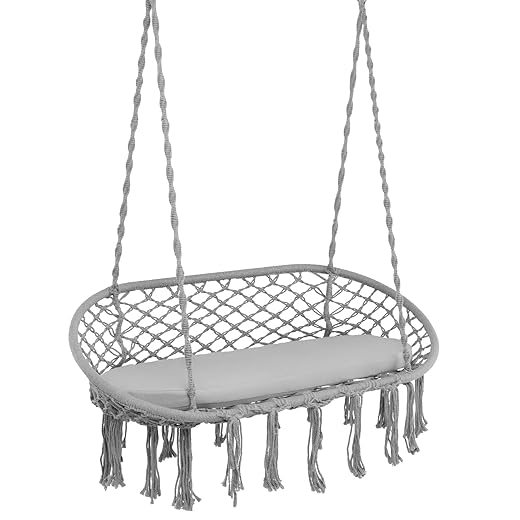 Happygrill Hanging Chair with Cushion for 2-Person, Double Hammock Chair with Tassel, Hanging Swing Nest Chair, Max 440 Lbs, Saucer Style Lounger Swing Rope Macrame Swing Chair
