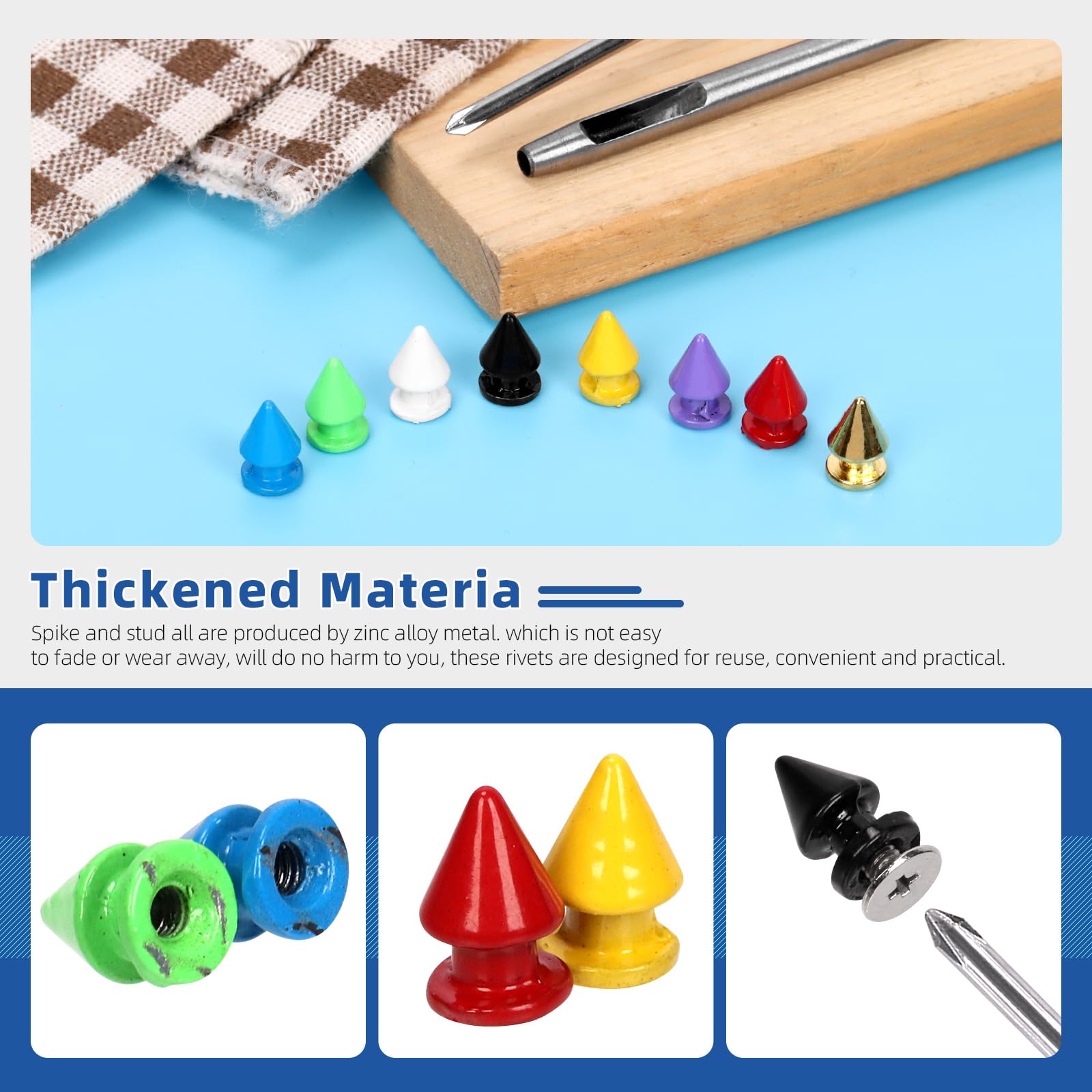 Glarks 120 Sets 8x12mm Metal Big Tree Spikes Studs Kit, 8 Colors Metallic Screw-Back Bullet Rivets for DIY Leather Craft - Image 4