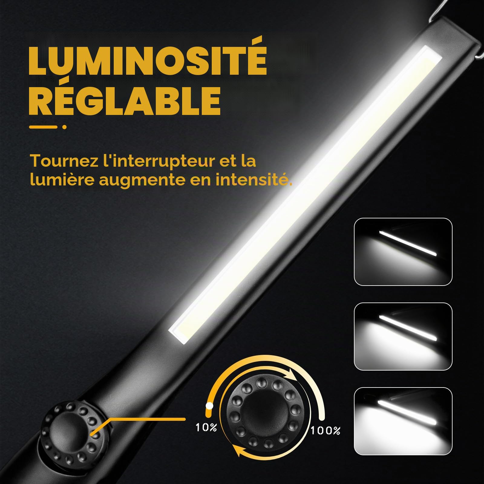 highsam Baladeuse Led Mecanicien, Lampe de Travail Rechargeable, COB Lampe Atelier Dimmable, Lampe de Poche LED pour Voiture, Garage, Camping (3 Pièces)