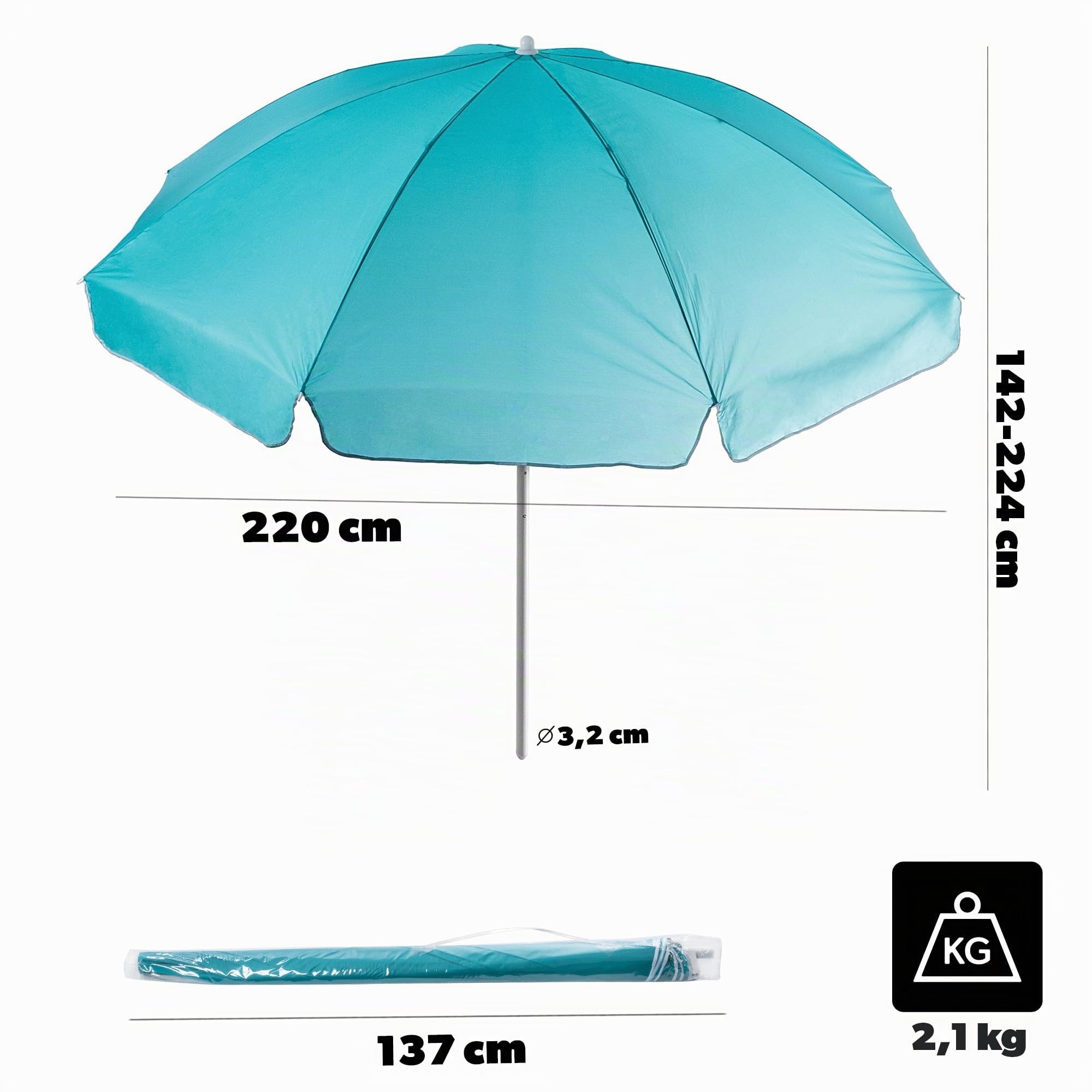 KADAX Parasol de jardin rond - 220 x 142-224 cm - Hauteur réglable - Pour balcon, jardin, terrasse, piscine et plage