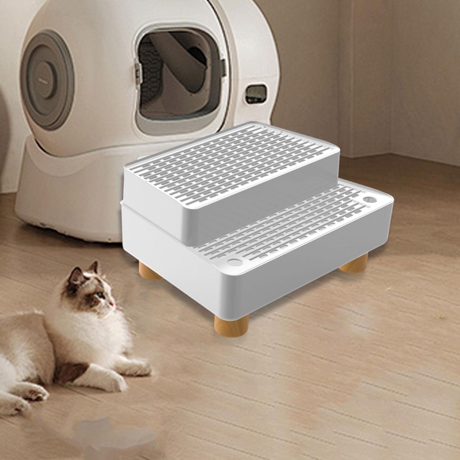 2 Stück Katzenrampe Litter Box Ramp mit Abnehmbarer Filtermatte und Rutschfestem Boden, Katzenstreu Matte mit Verstellbare Höhe für Mehrkatzenhaushalt, Katzenklo, Katzentoilette, Weiß