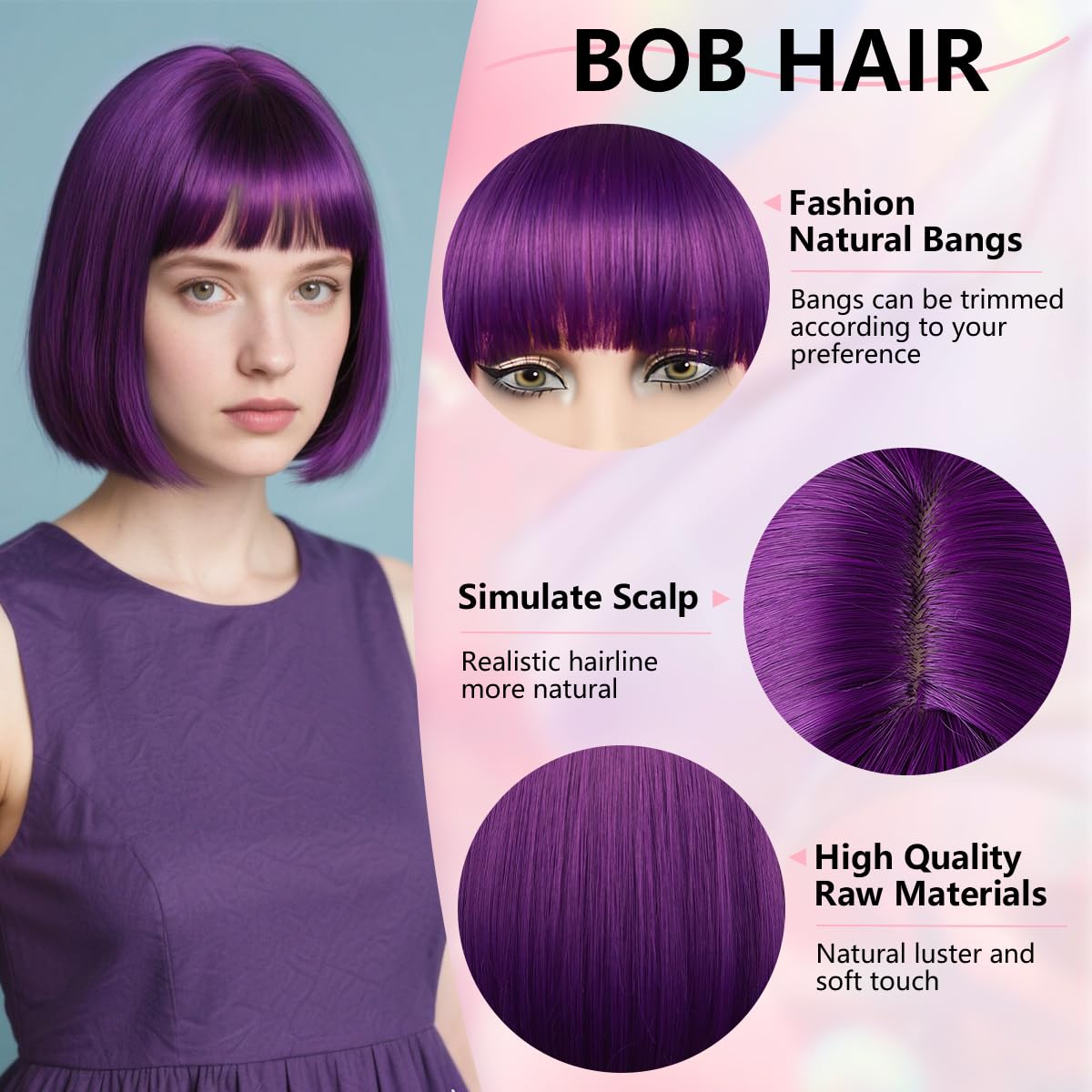 Short Bob Wig with Bangs 12Inch Synthetic Colourful Bob Wig for Women Girls Heat Resistant Fiber Hair Natural Looking Christmas Halloween Cosplay Party Daily Wear (Dark Purple) - Image 3