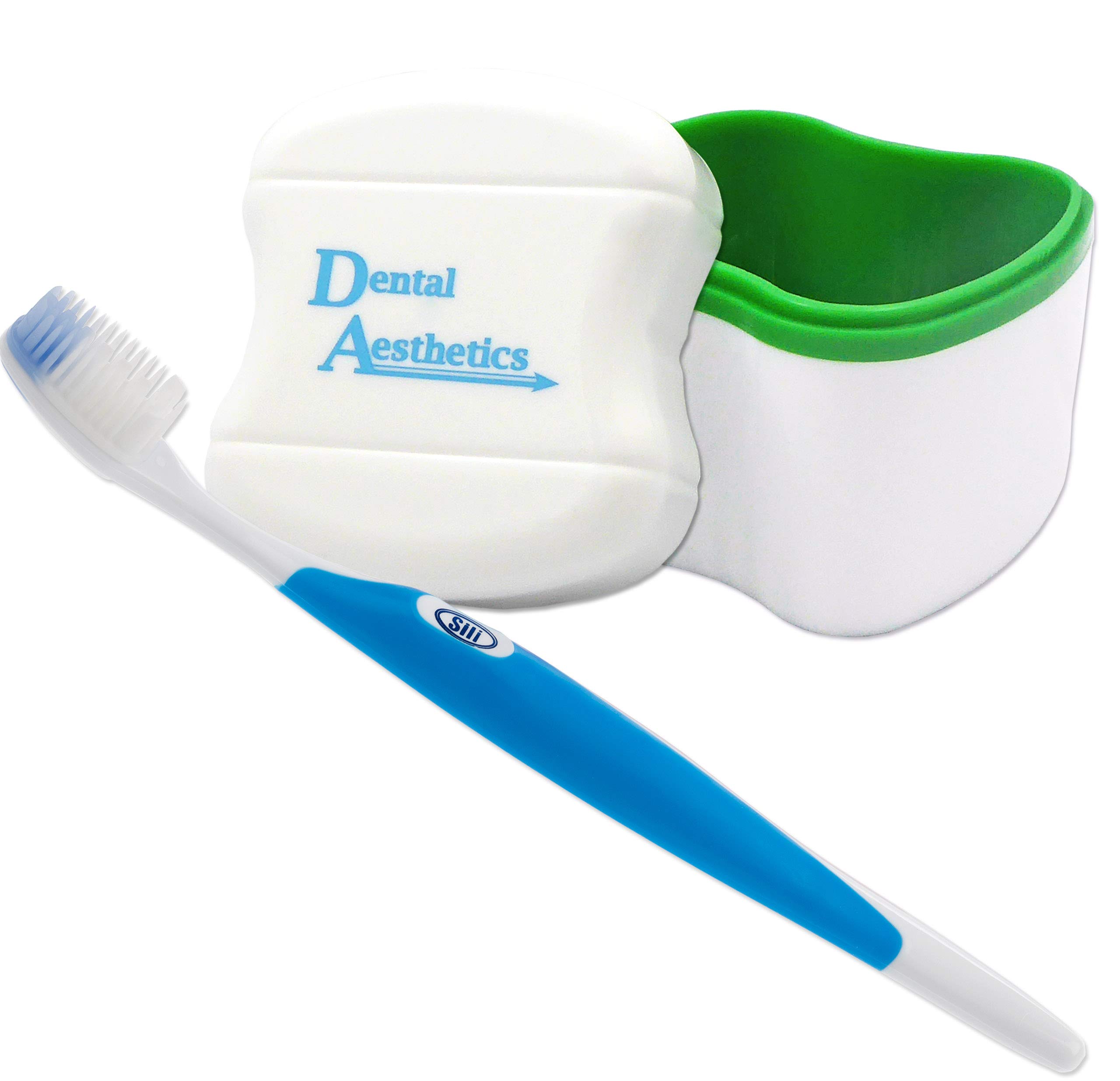 Denture Bath & Silicone Toothbrush for Valplast Flexible Dentures ~ Storage Container & Brush (Green Bath, Blue Brush)