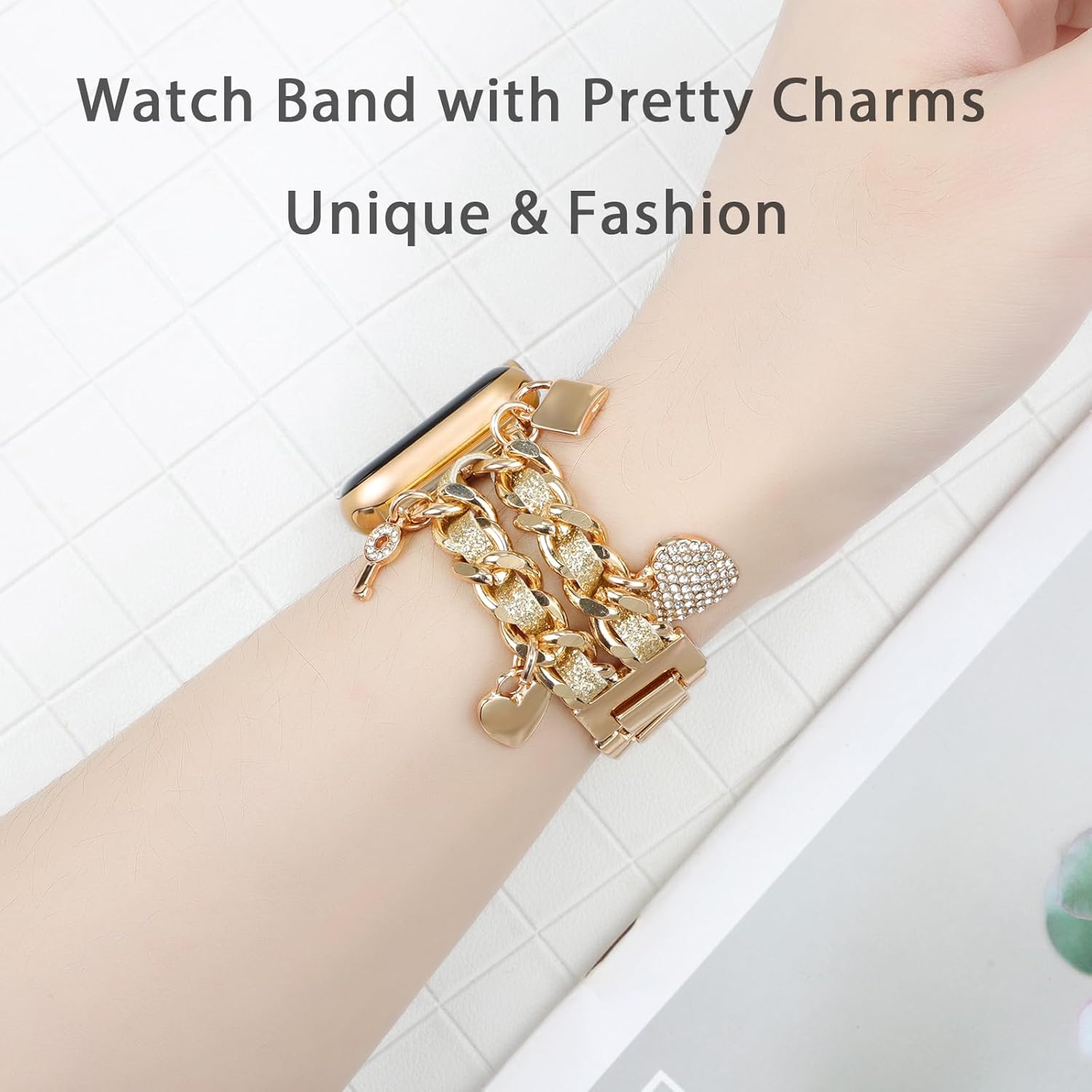 Cuban Chain Metal Band Compatible with Apple Watch Bands 49/46/45/44/42/41/40/38mm Women,Stylish Cowboy Link with Cute Charms Pendants Dressy Wristband for iWatch Series 10 Ultra 2 9 8 7 6 5 4 3 2 SE - Image 6