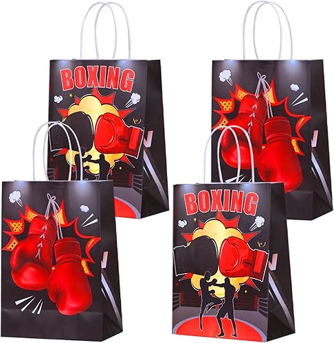 JOYMEMO Paquete de 16 bolsas de boxeo para fiesta, color rojo y negro, bolsas de regalo temáticas de boxeo con asas para deportes, cumpleaños,