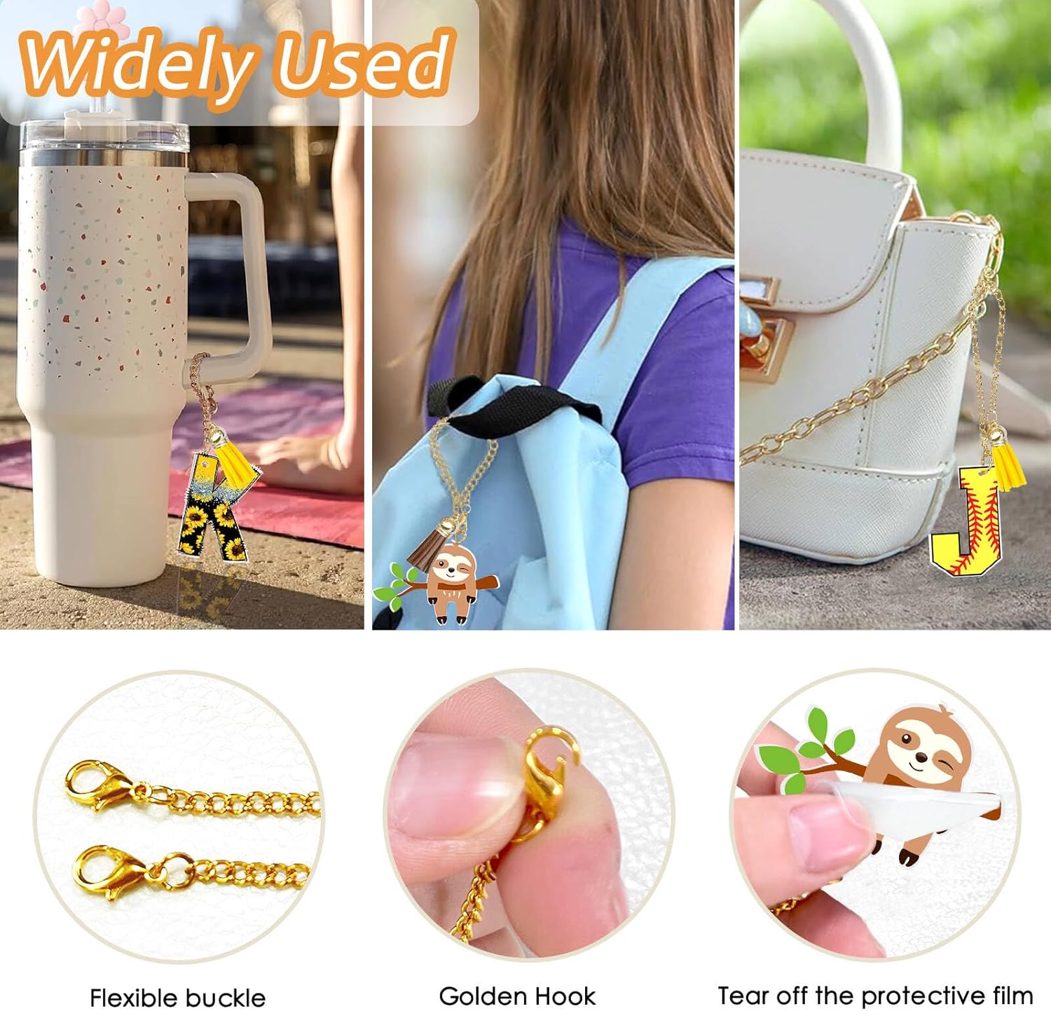 Softball Baseball Sunflower Initial Keychain Charm Compatible for Stanley Owala 24oz 32oz 40oz Water Bottle Accessorie