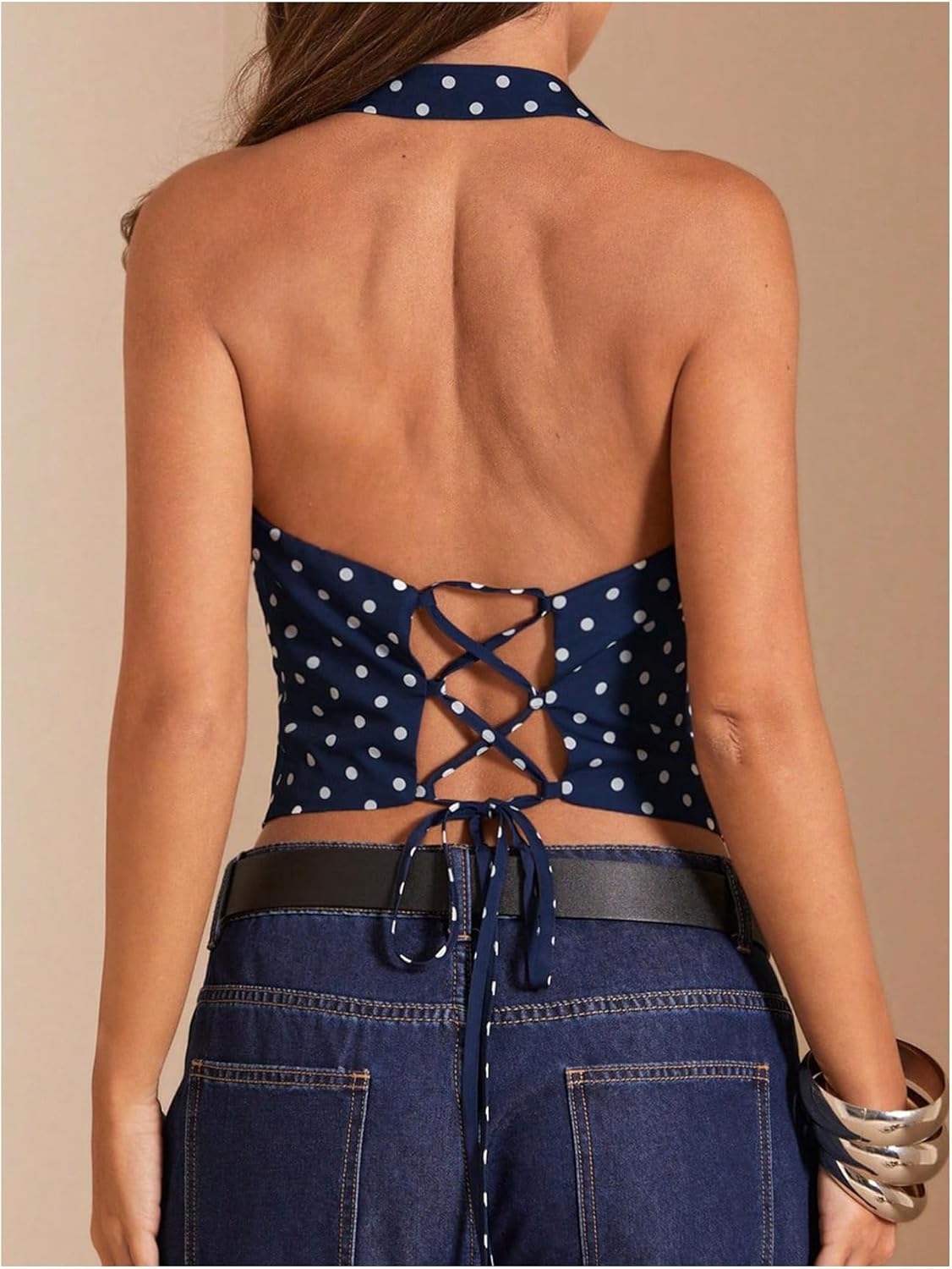 SOLY HUX Women's Vintage Polka Dots Halter Top Summer Lace Up Backless Zipper Party Club Tops - Image 2