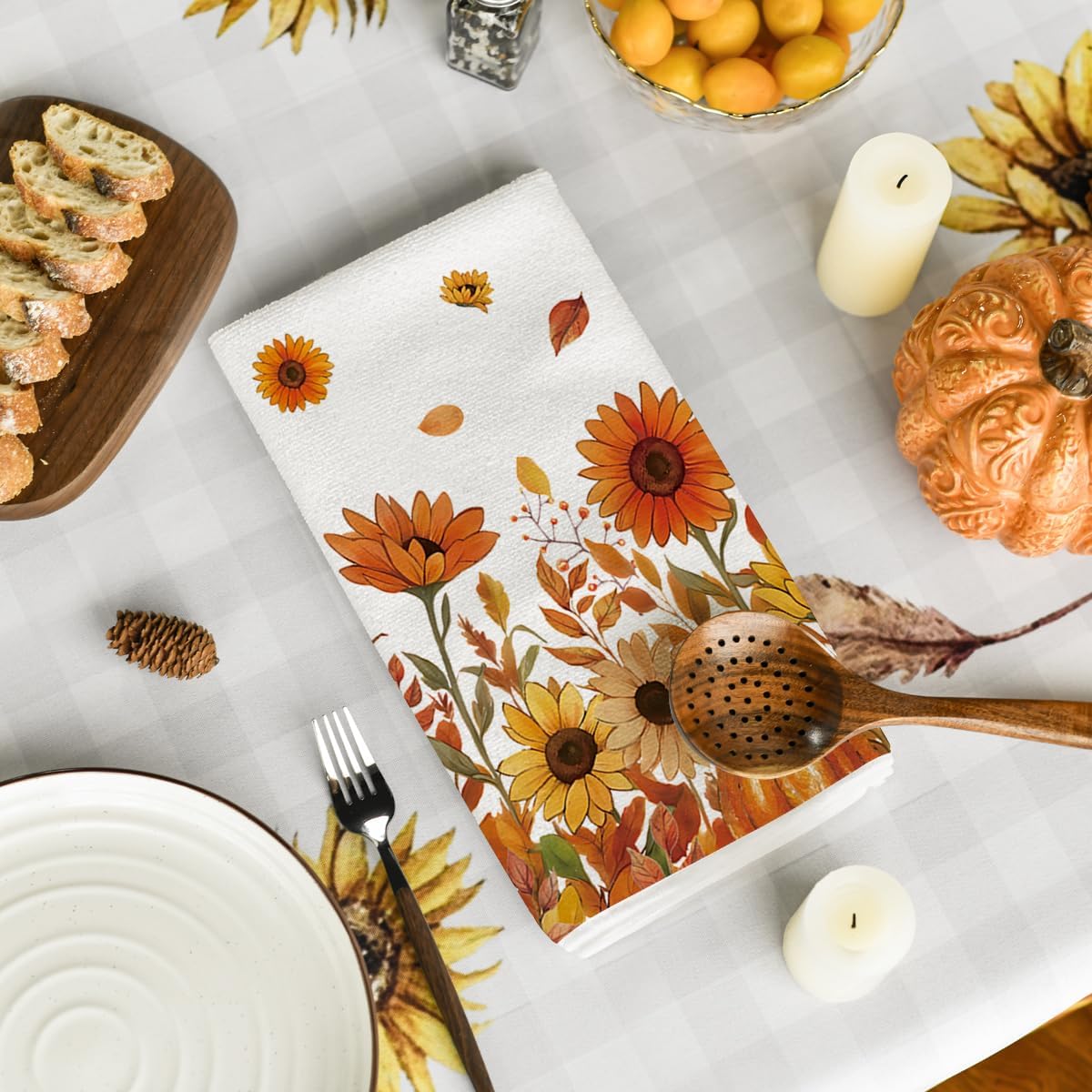Artoid Mode Sunflowers Vase Bowknot Leaves Fall Kitchen Towels Dish Towels, 18x26 Inch Autumn Thanksgiving Decoration Cleaning Set of 4