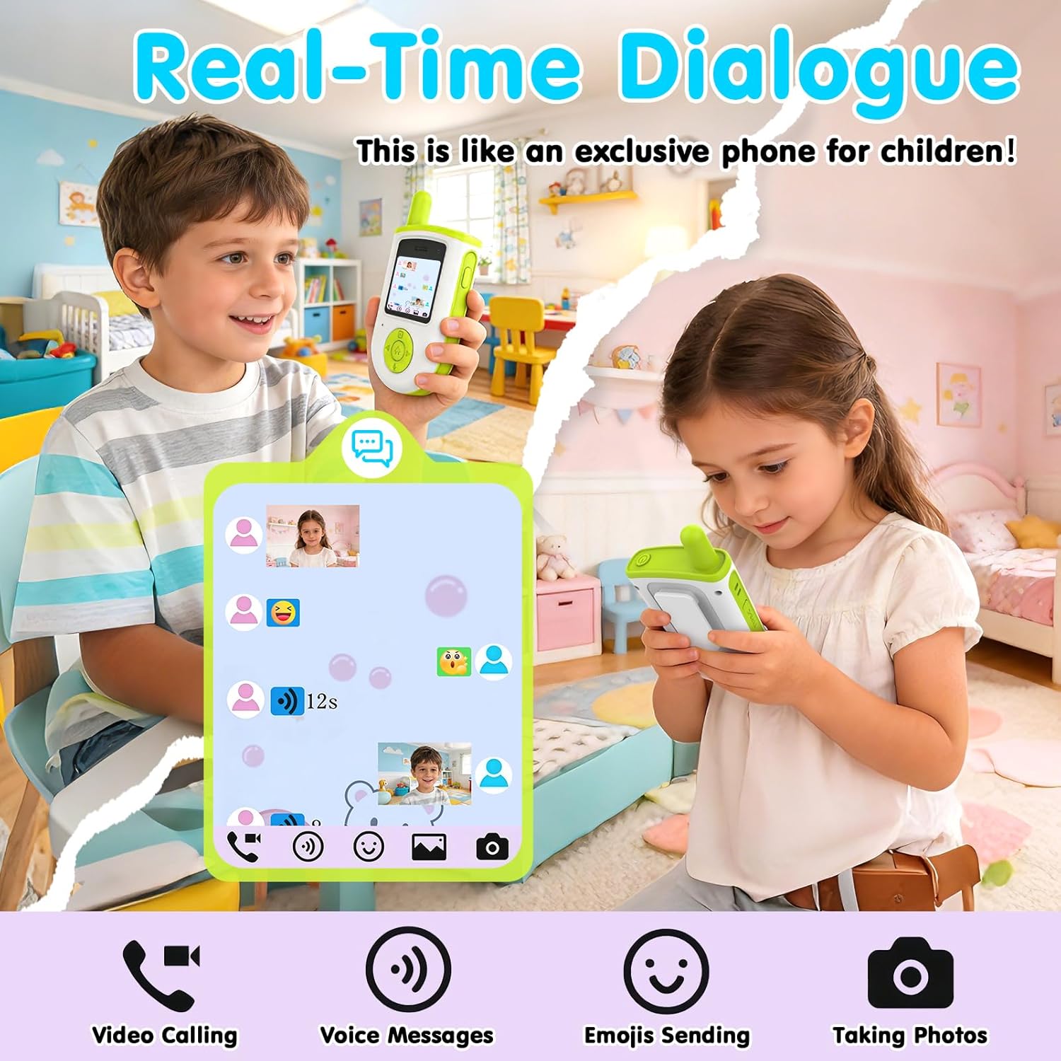 Video Walkie Talkies for Kids, Rechargeable Long Range Smart 2-Way Radio with HD Camera, Video/Voice Chat/Emojis/Games, Educational Outdoor Indoor Toys, Birthday Gifts for Boys Girls Age 4-12 (2 Pack)