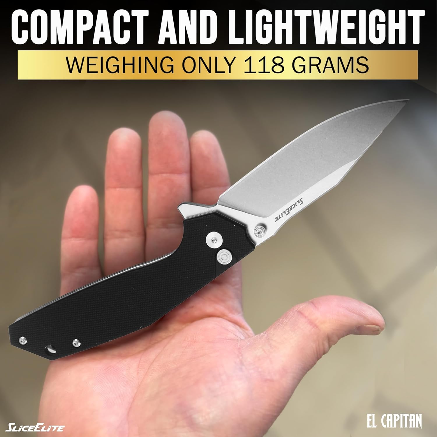 SliceElite El Capitan Folding Knife 3.5 in D2 Steel Clip Drop Blade Black G10 Handle Manual Button Lock Pocket Carry