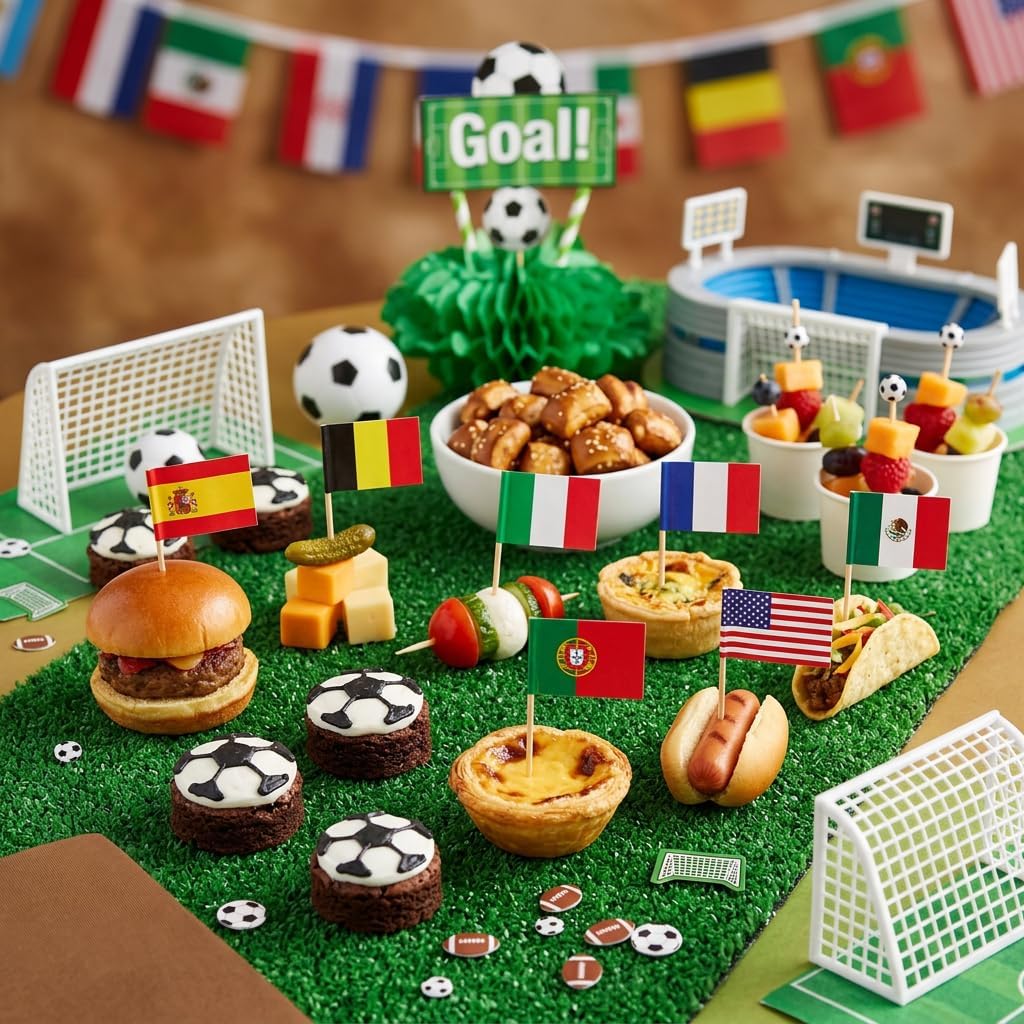 200PCS Soccer Cocktail Picks Toothpicks Set, Party Appetizer Picks with Soccer Ball & Trophy Designs, International Flag Cupcake Toppers for Sports Watch Party, Soccer Birthday, Game Day Decor