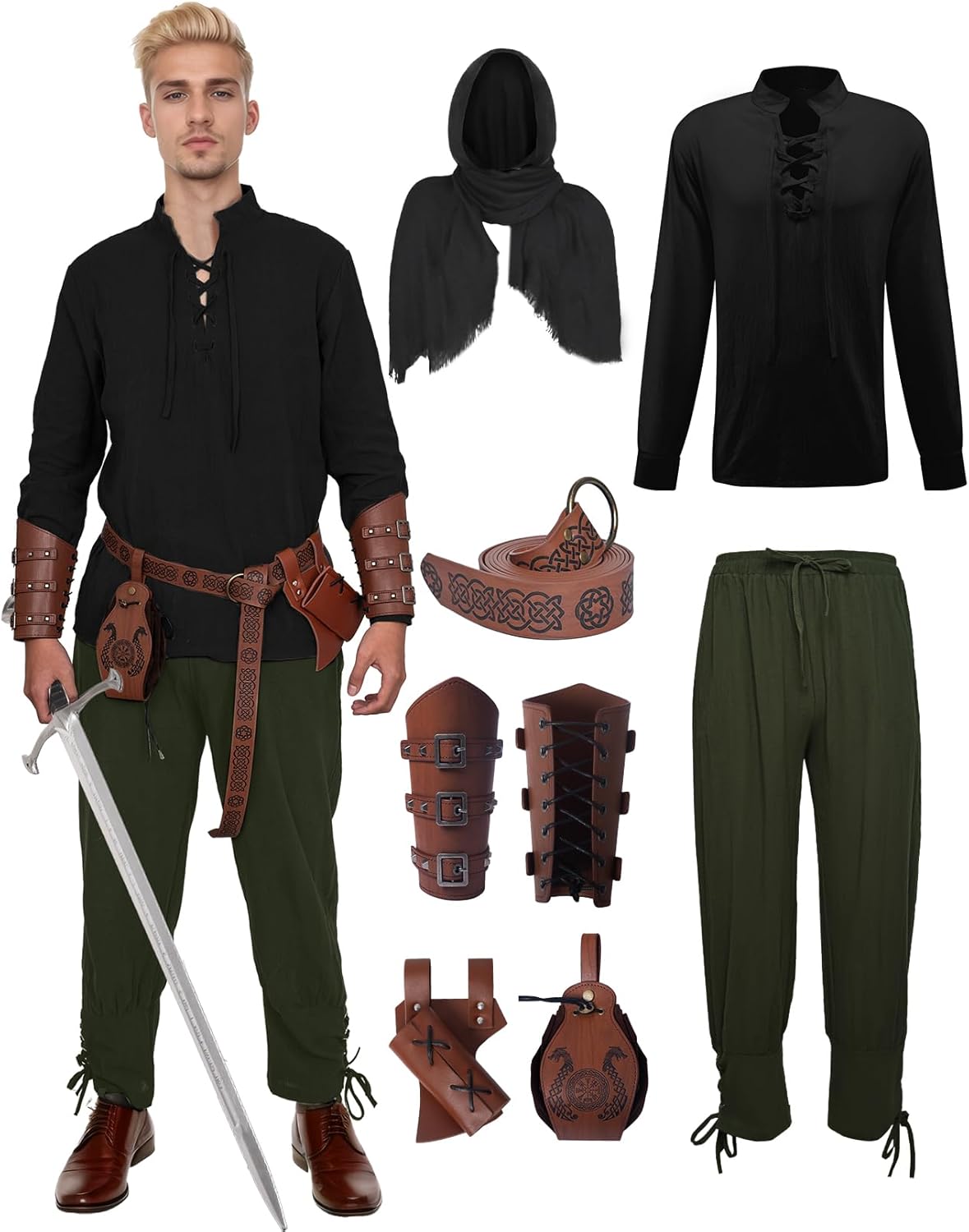 7 Pcs Men's Renaissance Costume Medieval Pirate Shirt Ankle Banded Pants Viking Costume Accessories Set
