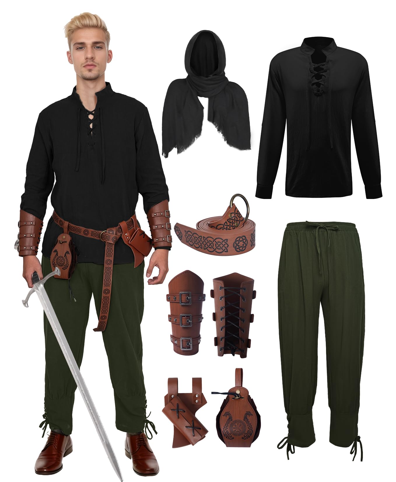 7 Pcs Men's Renaissance Costume Medieval Pirate Shirt Ankle Banded Pants Viking Costume Accessories Set