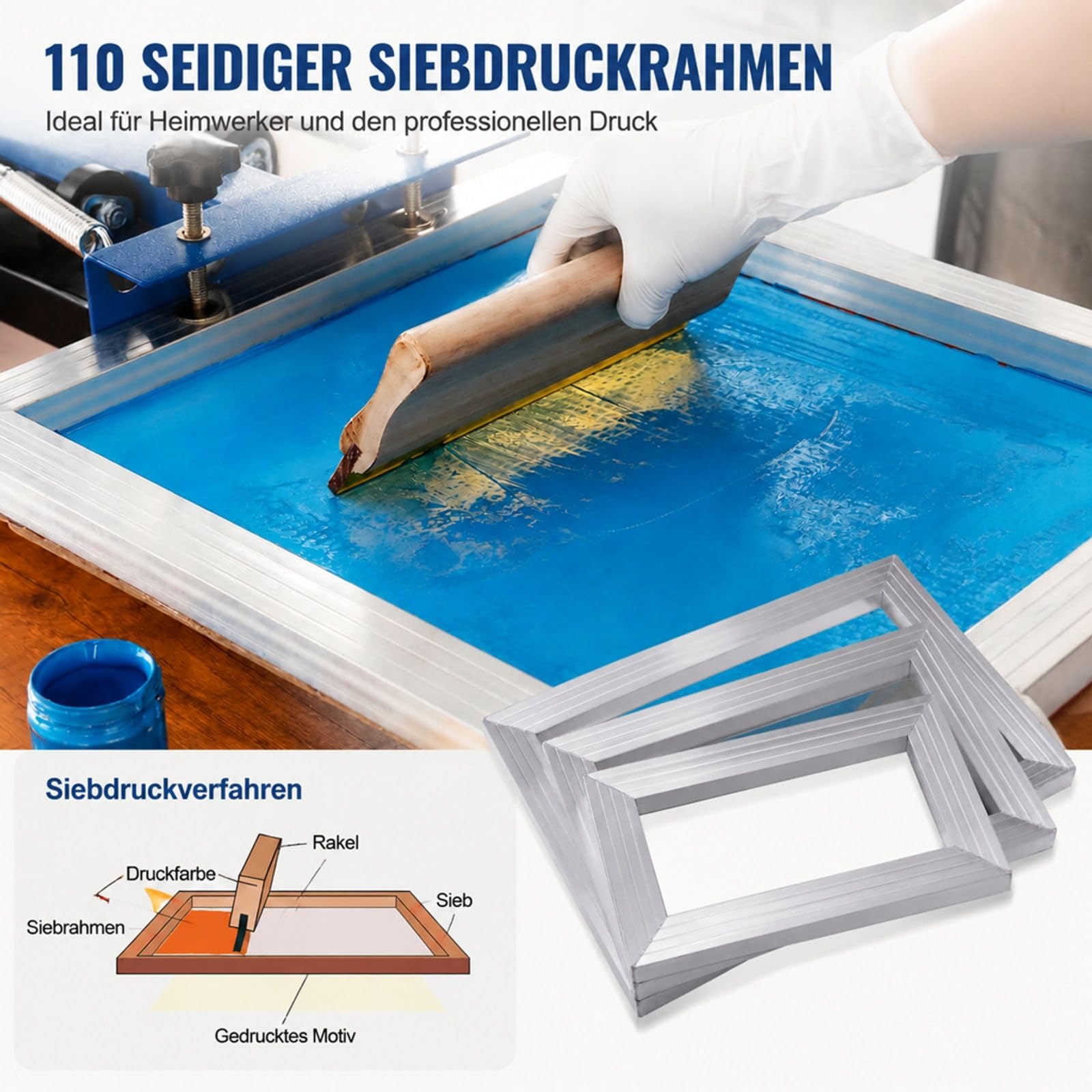 Siebdruck-Set mit 3 Aluminium-Siebdruckrahmen, 110 Mesh, Rakeln und transparenten Folien für T-Shirts