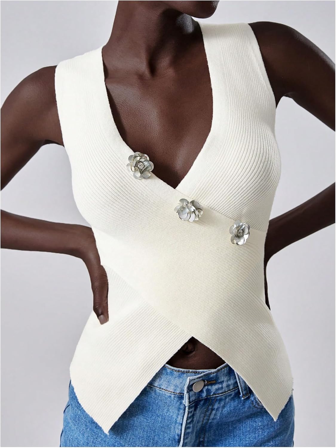 MakeMeChic Women's 3D Floral V Neck Sweater Vest Wrap Split Sleeveless Fitted Knitted Tank Tops - Image 4