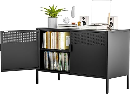 Miniatura 1 de Gabinete de almacenamiento de metal ancho negro, gabinete de metal de 2 puertas para el hogar y la oficina, gabinete de metal bajo de 2 niveles con