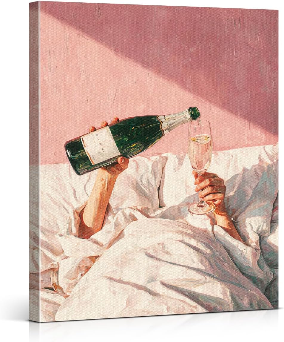 Pink Woman Champagne Wall Art Woman Drinking on Bed Canvas Print Poster Trendy Girly Wall Decor for Home Bedroom Bar 8x10 Inch Framed