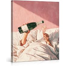 Pink Woman Champagne Wall Art Woman Drinking on Bed Canvas Print Poster Trendy Girly Wall Decor for Home Bedroom Bar 8x10 Inch Framed