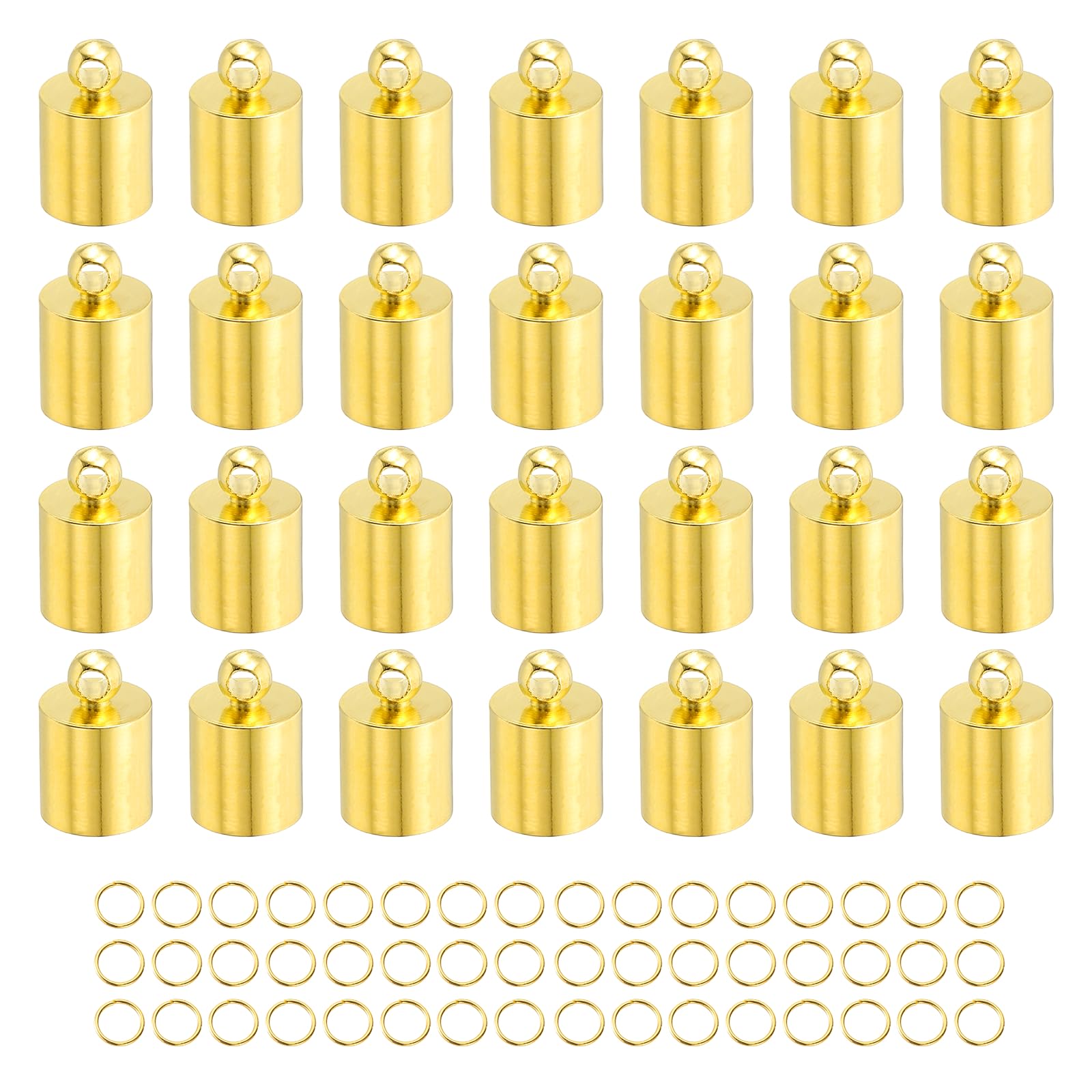 sourcing map 100Pcs Leather Cord End Caps, 6.5mm ID Tassel Barrel End Caps with Jump Rings for Jewelry Making Findings DIY Bracelet Necklace, Gold Tone