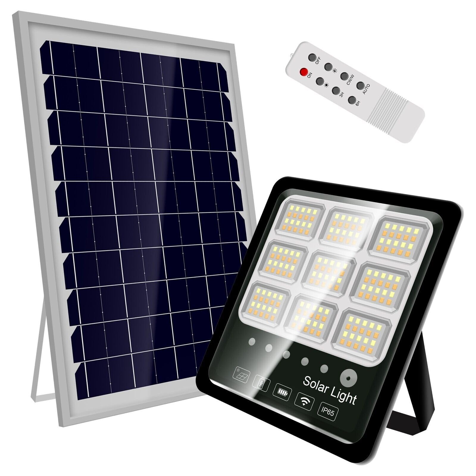 Faro Solare da Esterno 100W con Pannello Solare Monocristallino Led Esterno Impermeabile IP67 336 Macro Leds Faro Luce Fredda 6500K 10 Ore Autonomia Sensore Crepuscolare Supporti (U)