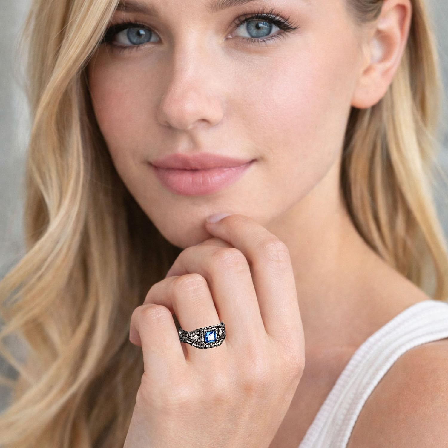 Danielle Wedding Ring Set for Women by Ginger Lyne | Black Plated Engagement Ring for Women | Black Purple Pink or Blue Cubic Zirconia Wedding Band Gothic Birthstone Bridal Jewelry