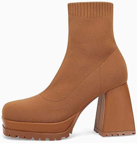 Miniatura 5 de Botines de plataforma para mujer, con punta cuadrada, tacón grueso, de bloque elástico, de punto sin cordones