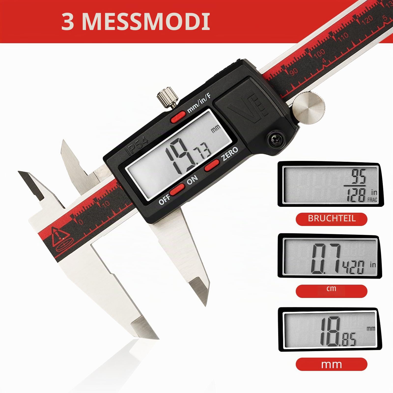 VINCA DCLA-0605 Electronic Digital Caliper Inch/Metric/Fractions Conversion 0-6 Inch/150 mm Stainless Steel Body Red/Black Extra Large LCD Screen Auto Off Featured Measuring Tool by VINCA