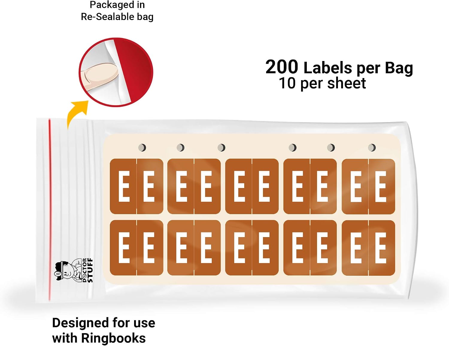 Doctor Stuff - File Folder Labels, Ringbook Sheets Alphabet Letter E, VRE/GBS 8850 - VRAM Series Compatible Alpha Stickers, Brown, 1.3" x 1.25", 200/Package
