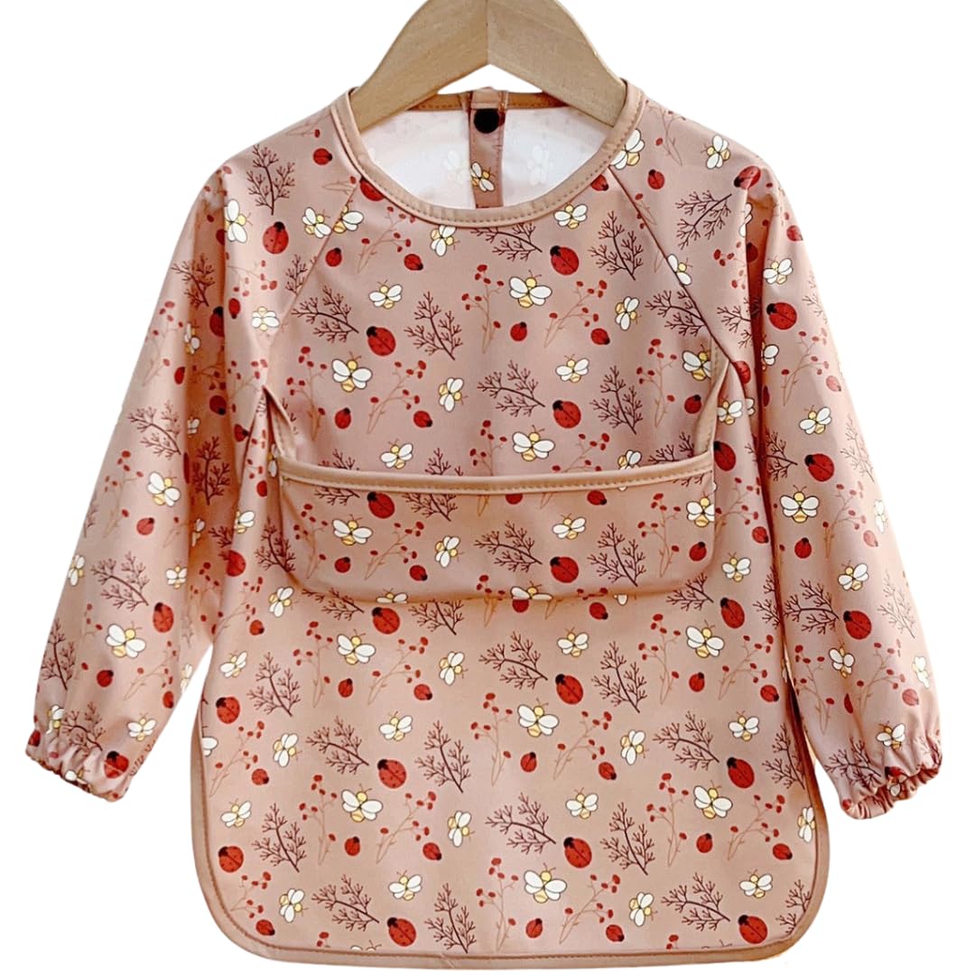 Alimos Lady Bug Long Sleeved Baby Bib 12-36 Months - Reversible Front Pocket For Baby Led Weaning - Waterproof & Easy To Clean - Ideal For Messy Mealtime - Easter Bib (Lady Bug) Medium