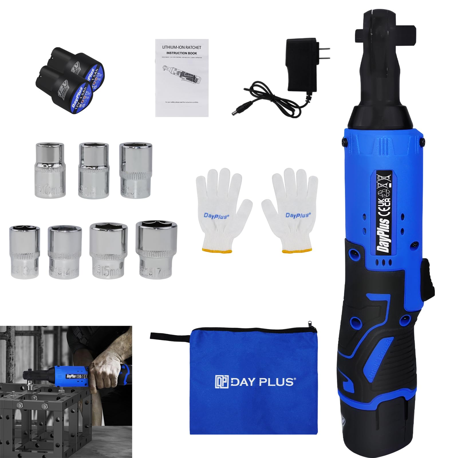 Huini Cordless Ratchet Wrench, 3/8 inch, 12V, 40 Nm, Electric Ratchet Spanner with LED Work Light, 2 x 1500mAh Batteries, 1 x Charger, 7 Sockets (Blue)