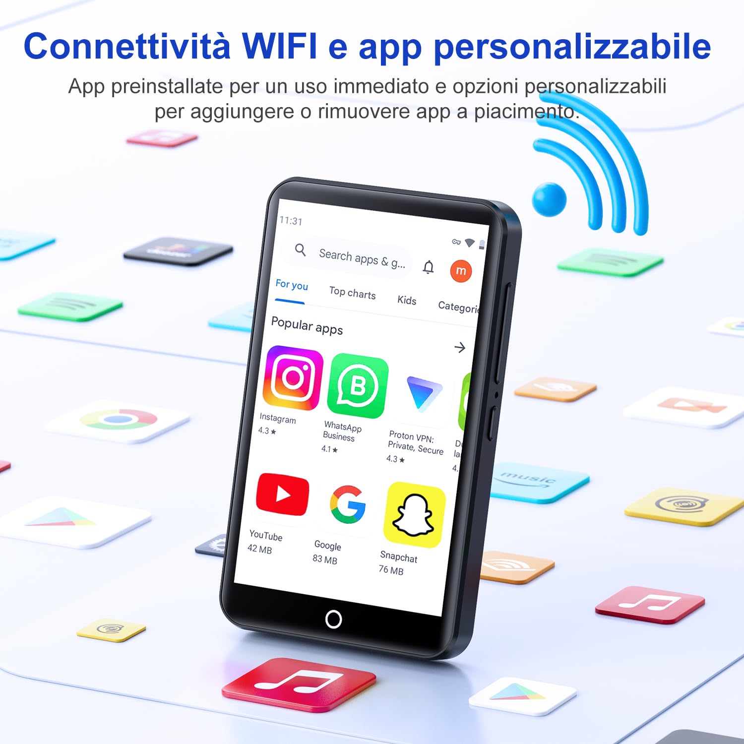 Lettore MP3 da 96 GB con Bluetooth e Wi-Fi, touchscreen IPS da 4,0 pollici, lettore musicale Android, altoparlante integrato, compatibile con Spotify, Deezer, Audible, espandibile fino a 1 TB